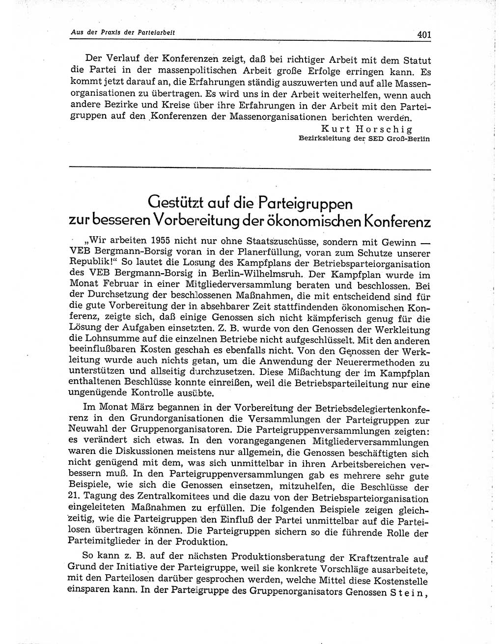 Neuer Weg (NW), Organ des Zentralkomitees (ZK) der SED (Sozialistische Einheitspartei Deutschlands) für Fragen des Parteiaufbaus und des Parteilebens, 10. Jahrgang [Deutsche Demokratische Republik (DDR)] 1955, Seite 401 (NW ZK SED DDR 1955, S. 401)