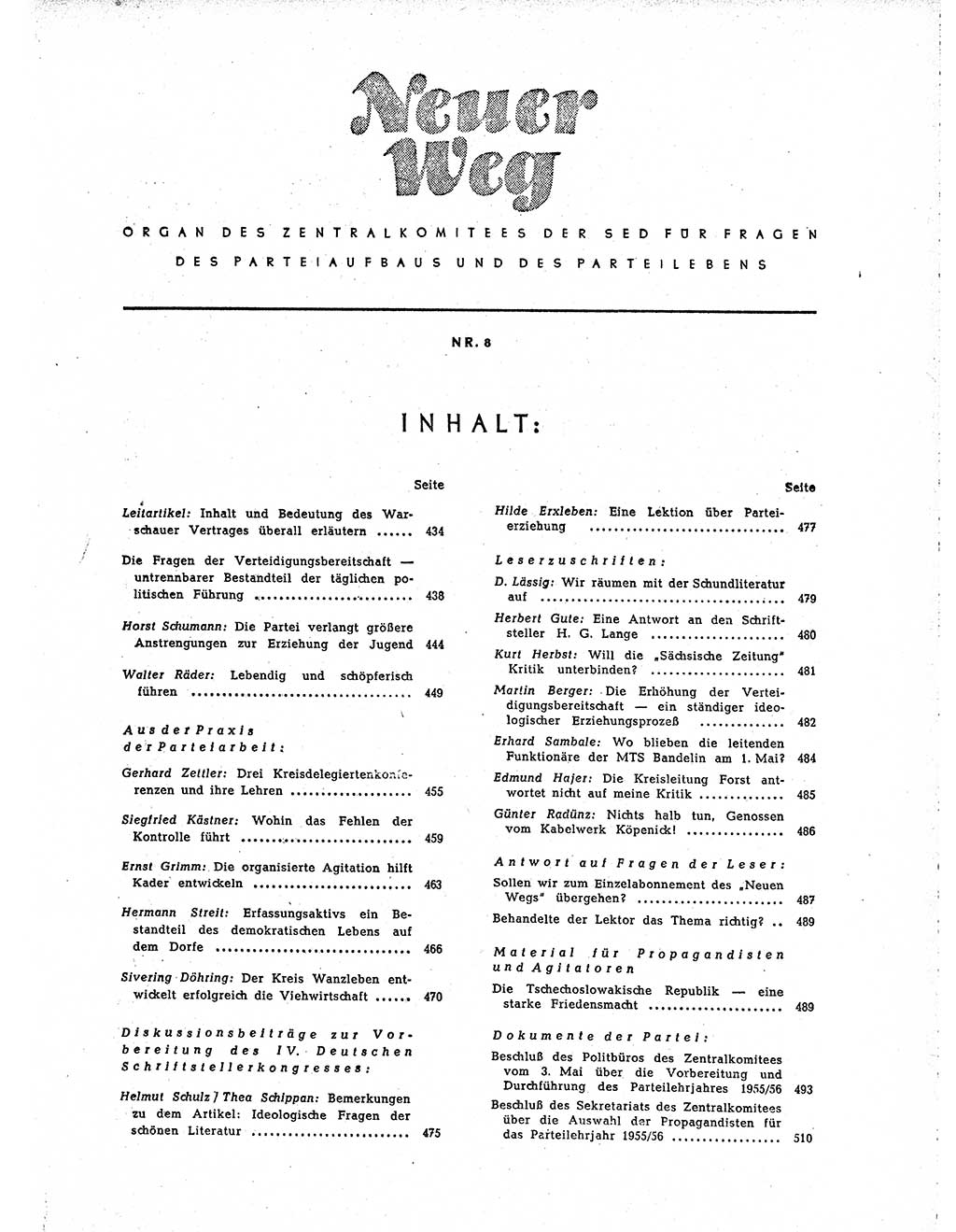 Neuer Weg (NW), Organ des Zentralkomitees (ZK) der SED (Sozialistische Einheitspartei Deutschlands) für Fragen des Parteiaufbaus und des Parteilebens, 10. Jahrgang [Deutsche Demokratische Republik (DDR)] 1955, Seite 433 (NW ZK SED DDR 1955, S. 433)