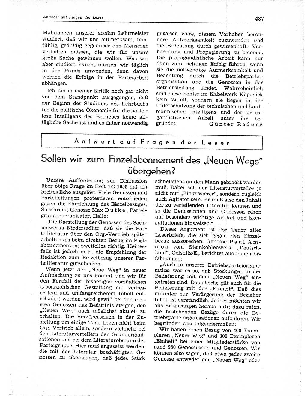 Neuer Weg (NW), Organ des Zentralkomitees (ZK) der SED (Sozialistische Einheitspartei Deutschlands) für Fragen des Parteiaufbaus und des Parteilebens, 10. Jahrgang [Deutsche Demokratische Republik (DDR)] 1955, Seite 487 (NW ZK SED DDR 1955, S. 487)