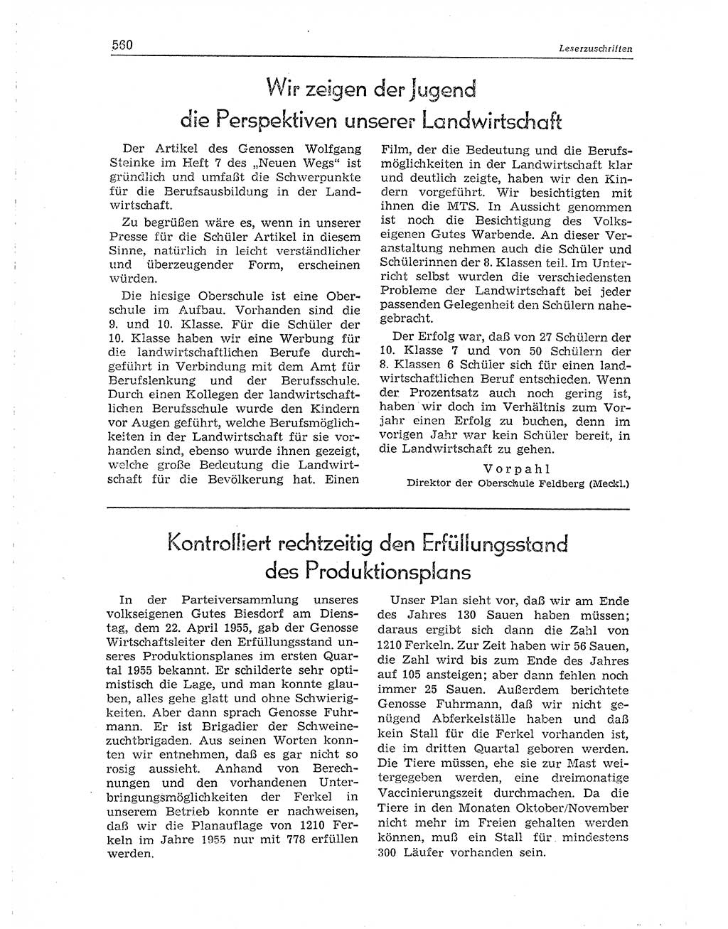 Neuer Weg (NW), Organ des Zentralkomitees (ZK) der SED (Sozialistische Einheitspartei Deutschlands) für Fragen des Parteiaufbaus und des Parteilebens, 10. Jahrgang [Deutsche Demokratische Republik (DDR)] 1955, Seite 560 (NW ZK SED DDR 1955, S. 560)