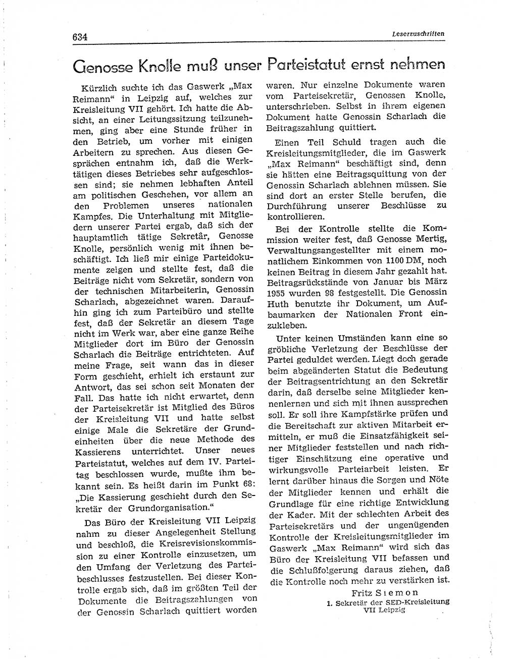 Neuer Weg (NW), Organ des Zentralkomitees (ZK) der SED (Sozialistische Einheitspartei Deutschlands) für Fragen des Parteiaufbaus und des Parteilebens, 10. Jahrgang [Deutsche Demokratische Republik (DDR)] 1955, Seite 634 (NW ZK SED DDR 1955, S. 634)