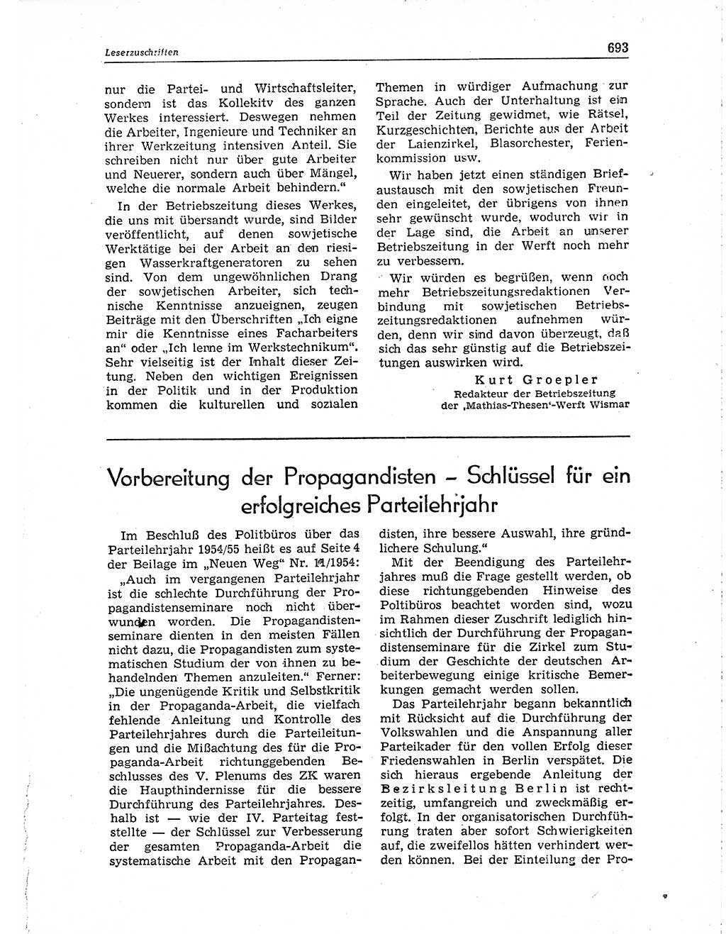 Neuer Weg (NW), Organ des Zentralkomitees (ZK) der SED (Sozialistische Einheitspartei Deutschlands) für Fragen des Parteiaufbaus und des Parteilebens, 10. Jahrgang [Deutsche Demokratische Republik (DDR)] 1955, Seite 693 (NW ZK SED DDR 1955, S. 693)