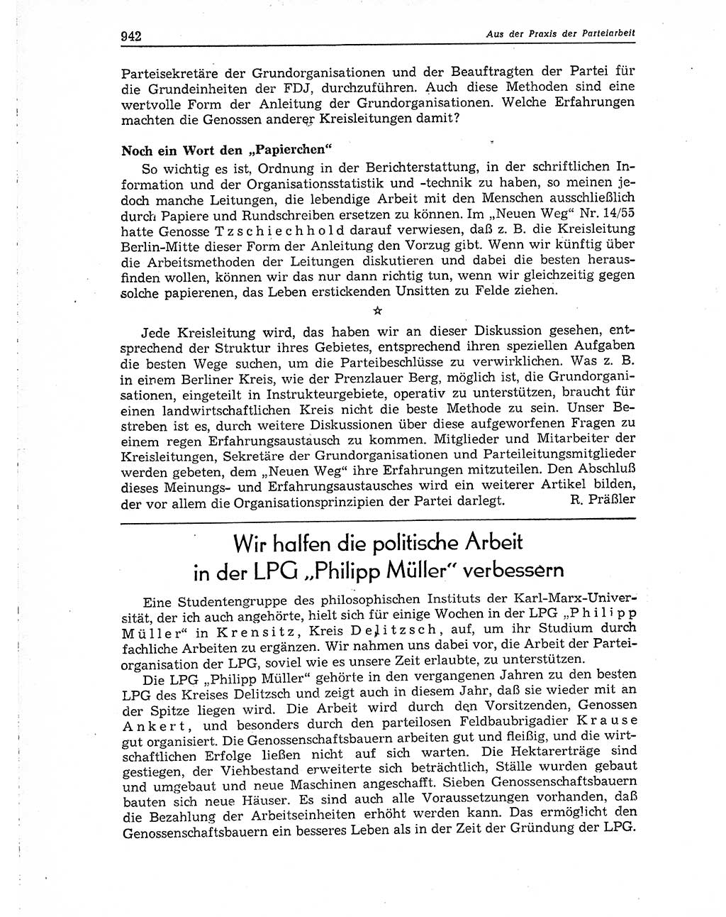 Neuer Weg (NW), Organ des Zentralkomitees (ZK) der SED (Sozialistische Einheitspartei Deutschlands) für Fragen des Parteiaufbaus und des Parteilebens, 10. Jahrgang [Deutsche Demokratische Republik (DDR)] 1955, Seite 942 (NW ZK SED DDR 1955, S. 942)