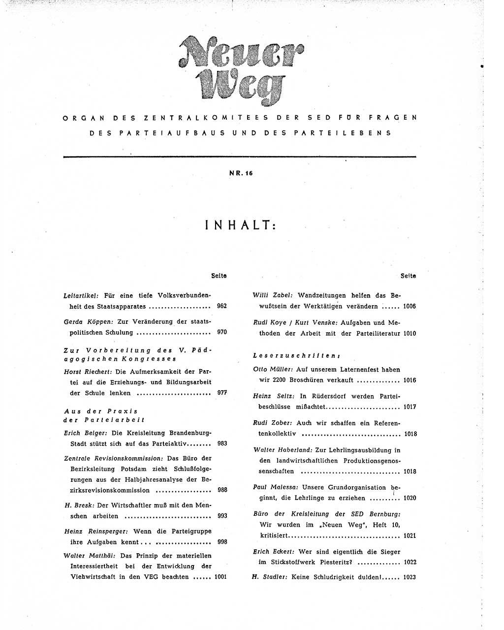 Neuer Weg (NW), Organ des Zentralkomitees (ZK) der SED (Sozialistische Einheitspartei Deutschlands) für Fragen des Parteiaufbaus und des Parteilebens, 10. Jahrgang [Deutsche Demokratische Republik (DDR)] 1955, Seite 961 (NW ZK SED DDR 1955, S. 961)