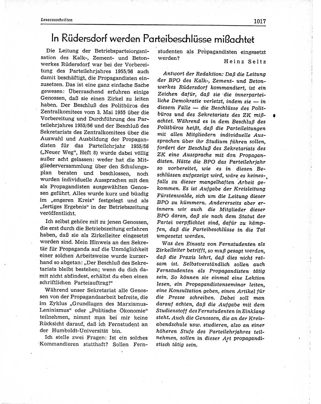 Neuer Weg (NW), Organ des Zentralkomitees (ZK) der SED (Sozialistische Einheitspartei Deutschlands) für Fragen des Parteiaufbaus und des Parteilebens, 10. Jahrgang [Deutsche Demokratische Republik (DDR)] 1955, Seite 1017 (NW ZK SED DDR 1955, S. 1017)