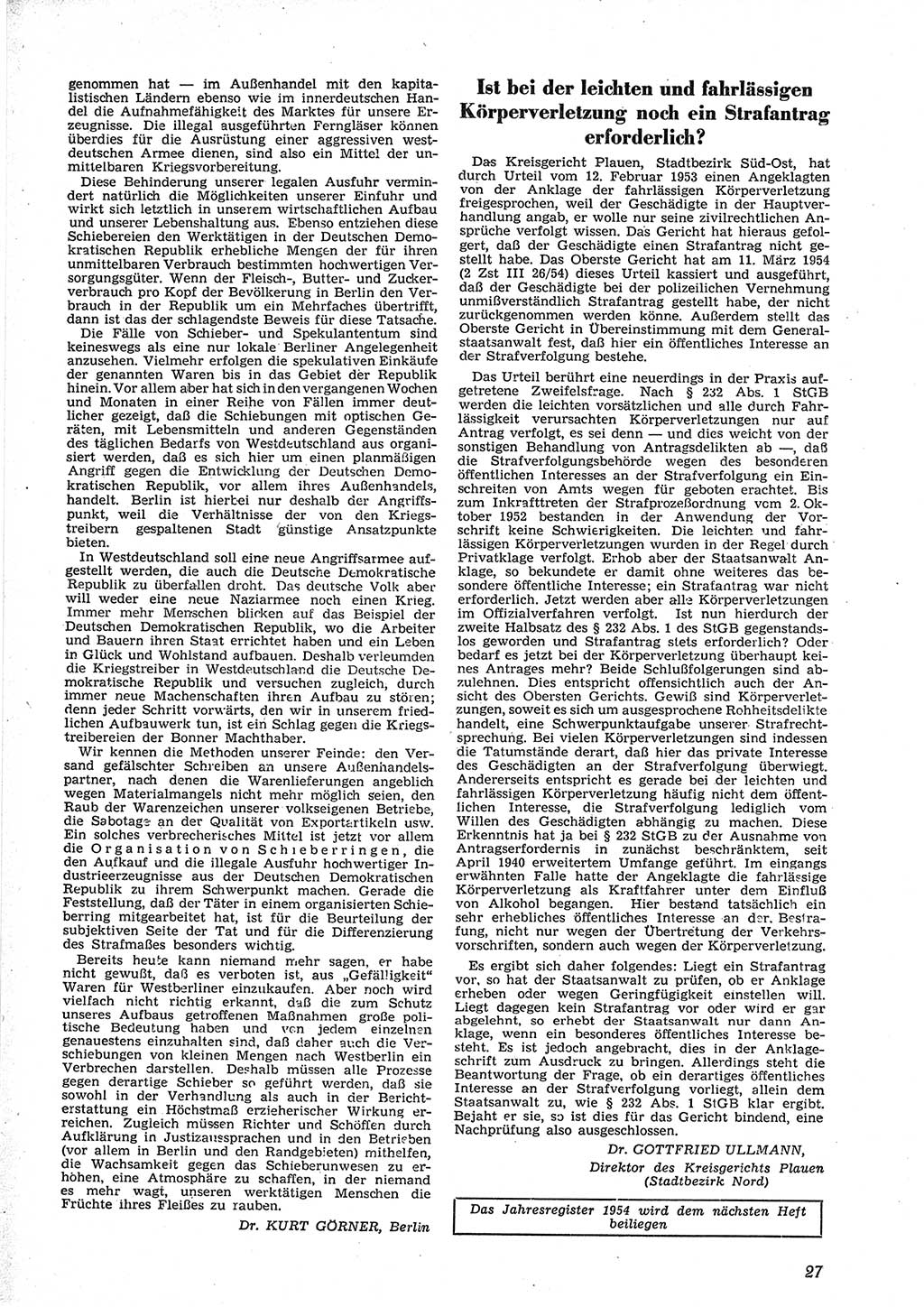 Neue Justiz (NJ), Zeitschrift für Recht und Rechtswissenschaft [Deutsche Demokratische Republik (DDR)], 9. Jahrgang 1955, Seite 27 (NJ DDR 1955, S. 27)