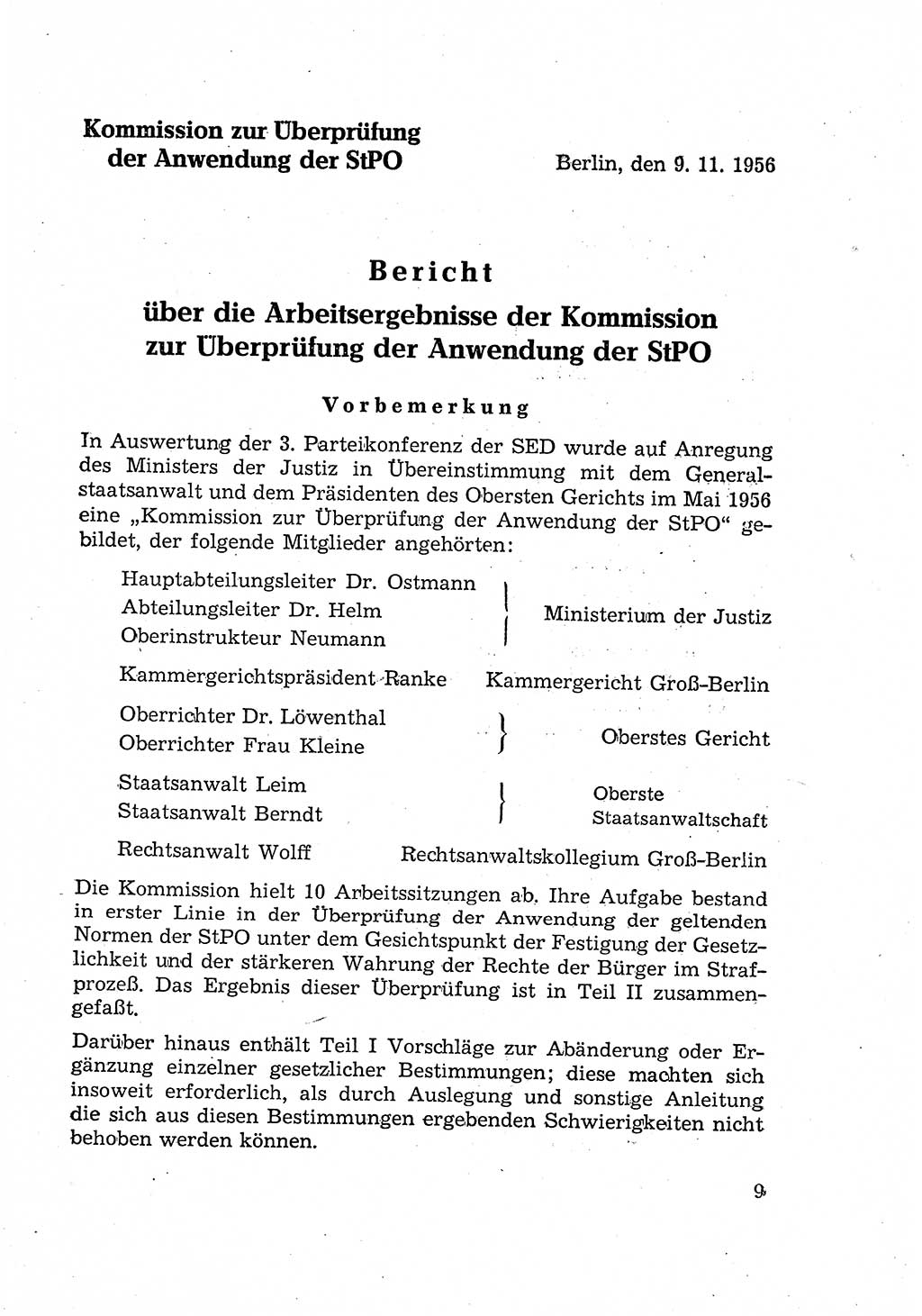 Bericht der Kommission zur Überprüfung der Anwendung der StPO (Strafprozeßordnung) [Deutsche Demokratische Republik (DDR)] 1956, Seite 9 (Ber. StPO DDR 1956, S. 9)