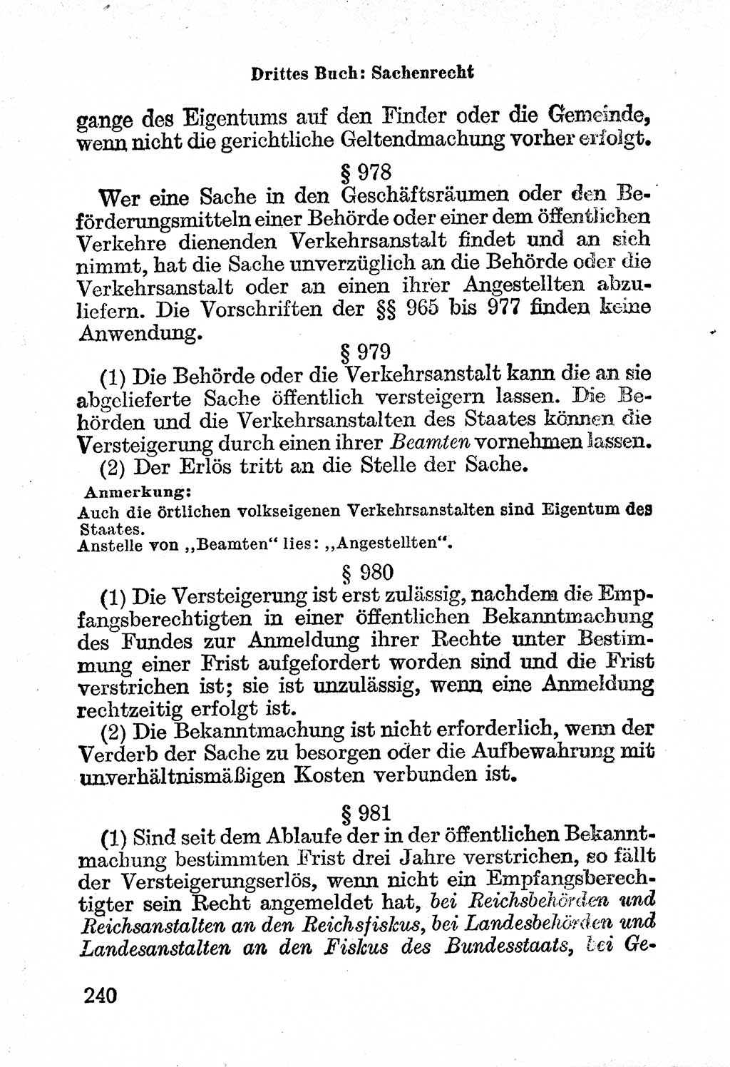 Bürgerliches Gesetzbuch (BGB) nebst wichtigen Nebengesetzen [Deutsche Demokratische Republik (DDR)] 1956, Seite 240 (BGB Nebenges. DDR 1956, S. 240)