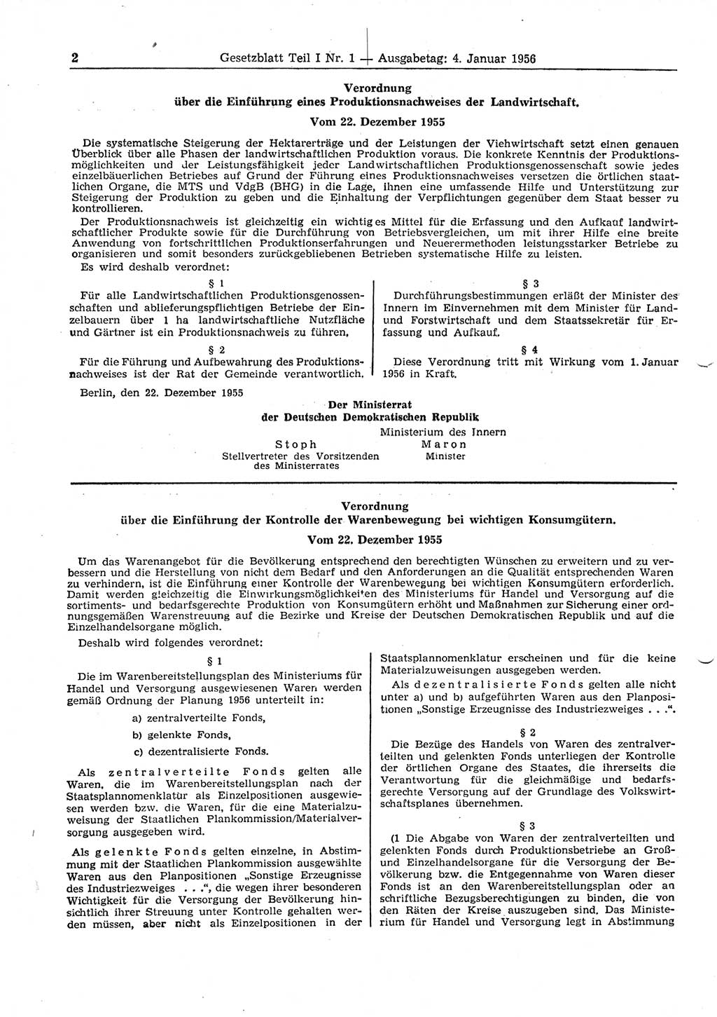 Gesetzblatt (GBl.) der Deutschen Demokratischen Republik (DDR) Teil Ⅰ 1956, Seite 2 (GBl. DDR Ⅰ 1956, S. 2)