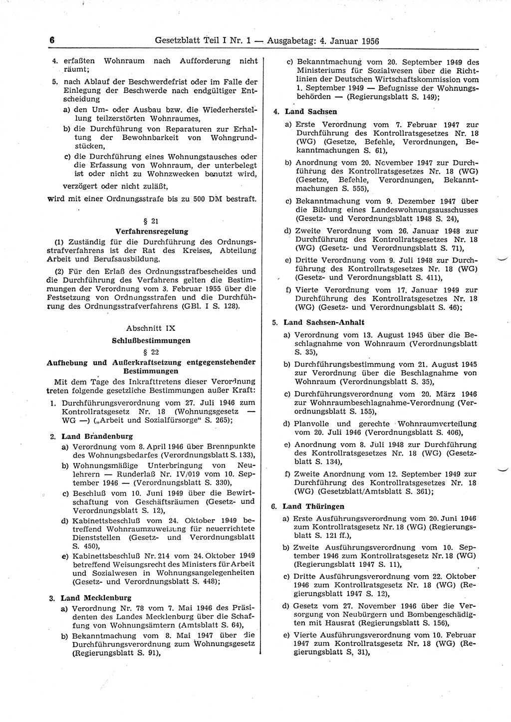 Gesetzblatt (GBl.) der Deutschen Demokratischen Republik (DDR) Teil Ⅰ 1956, Seite 6 (GBl. DDR Ⅰ 1956, S. 6)