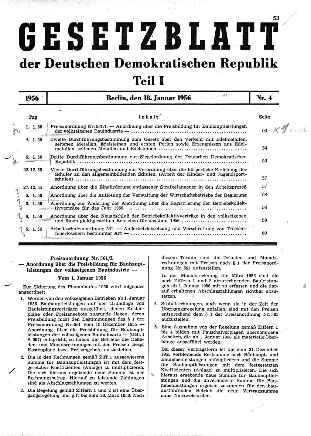 Gesetzblatt (GBl.) der Deutschen Demokratischen Republik (DDR) Teil Ⅰ 1956, Seite 53 (GBl. DDR Ⅰ 1956, S. 53)