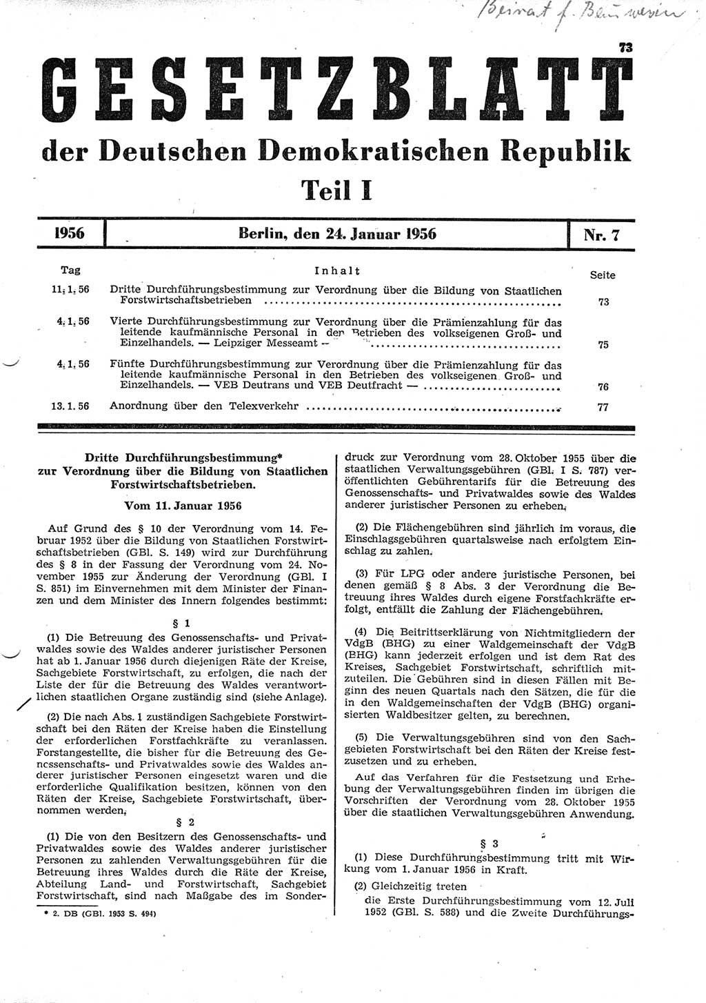 Gesetzblatt (GBl.) der Deutschen Demokratischen Republik (DDR) Teil Ⅰ 1956, Seite 73 (GBl. DDR Ⅰ 1956, S. 73)