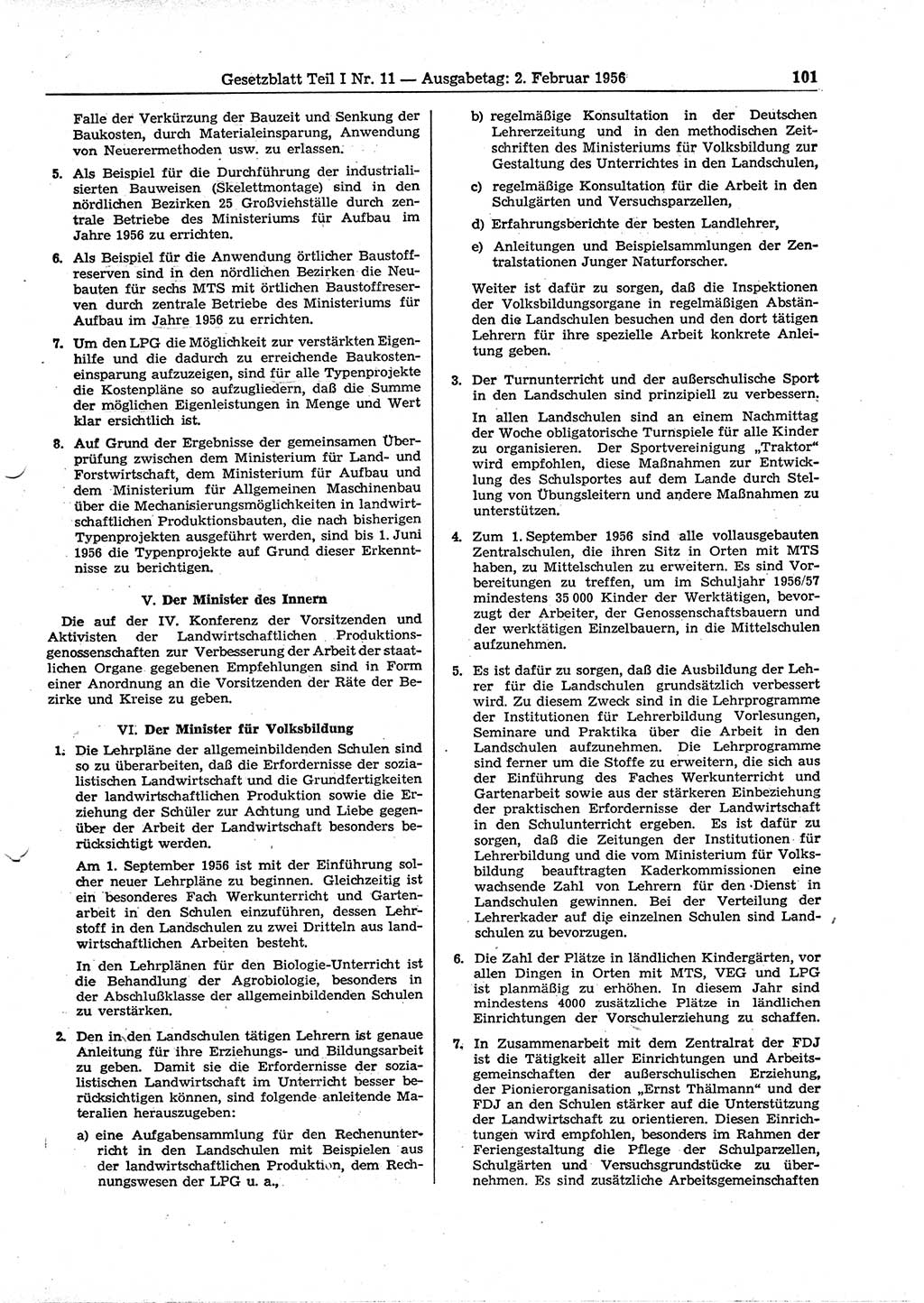 Gesetzblatt (GBl.) der Deutschen Demokratischen Republik (DDR) Teil Ⅰ 1956, Seite 101 (GBl. DDR Ⅰ 1956, S. 101)