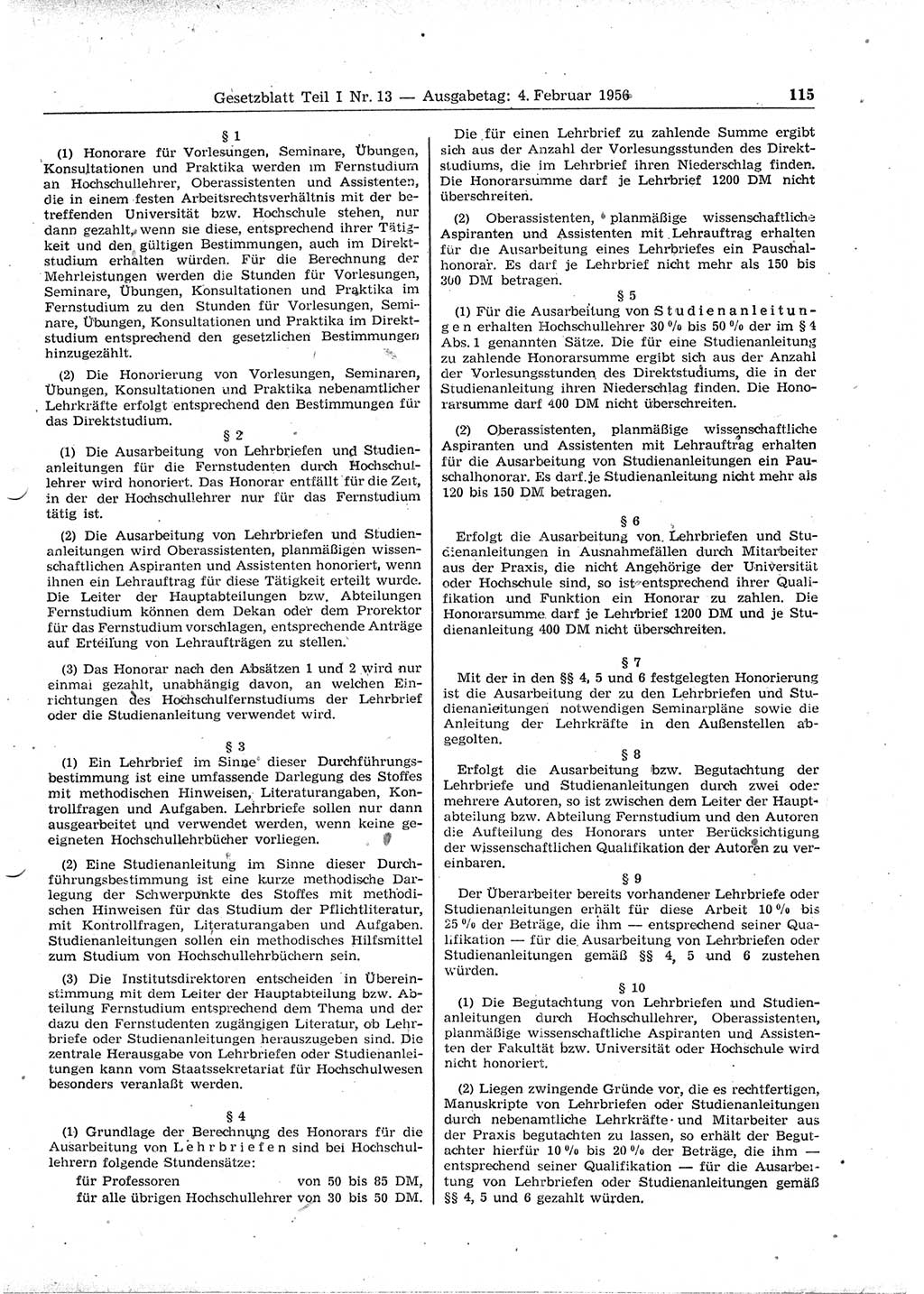 Gesetzblatt (GBl.) der Deutschen Demokratischen Republik (DDR) Teil Ⅰ 1956, Seite 115 (GBl. DDR Ⅰ 1956, S. 115)