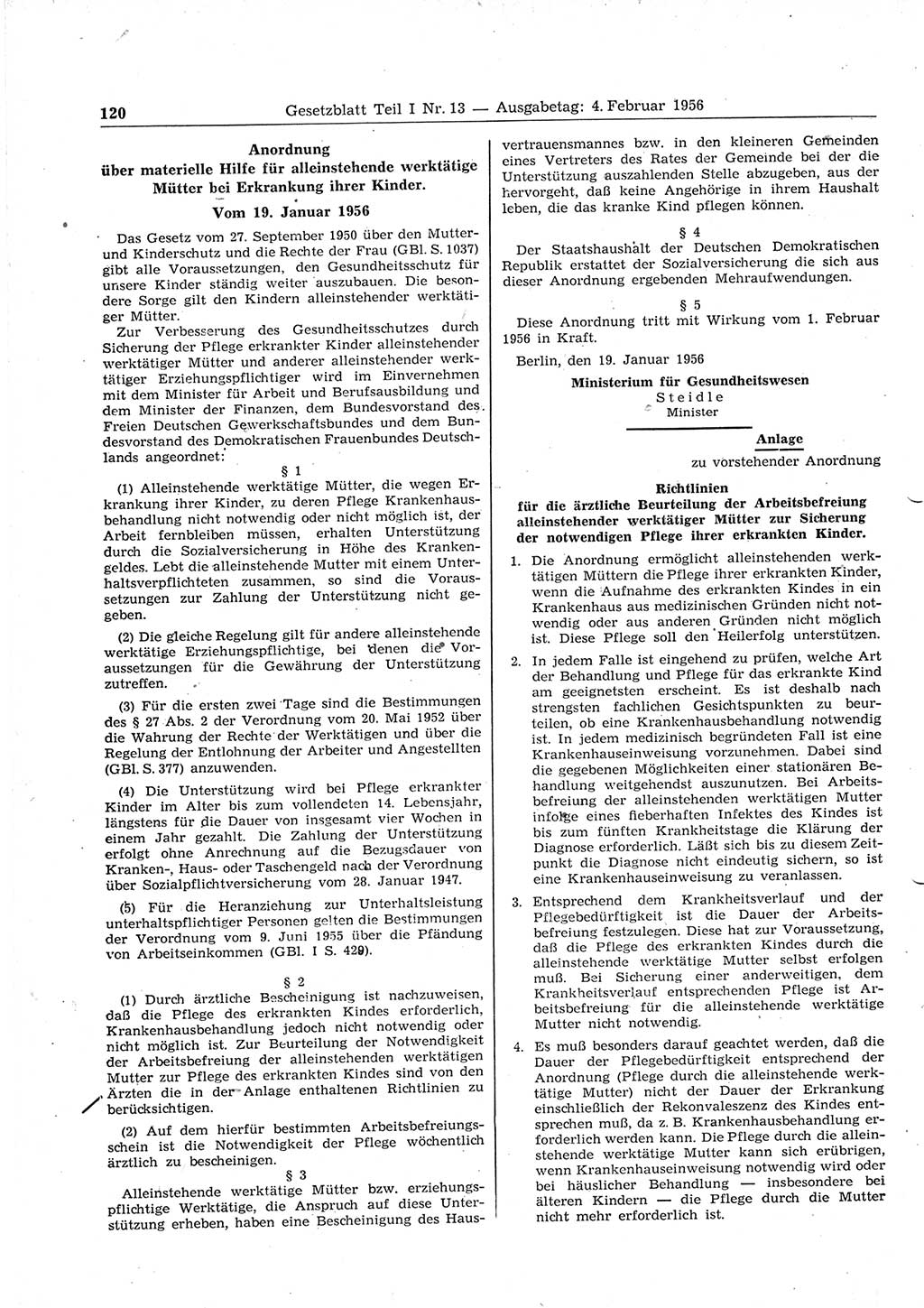 Gesetzblatt (GBl.) der Deutschen Demokratischen Republik (DDR) Teil Ⅰ 1956, Seite 120 (GBl. DDR Ⅰ 1956, S. 120)