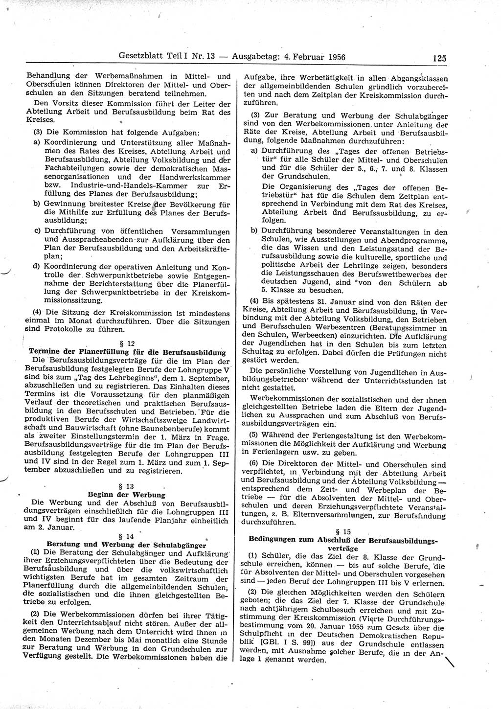 Gesetzblatt (GBl.) der Deutschen Demokratischen Republik (DDR) Teil Ⅰ 1956, Seite 125 (GBl. DDR Ⅰ 1956, S. 125)