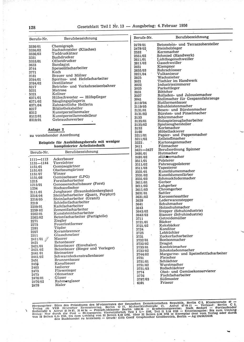 Gesetzblatt (GBl.) der Deutschen Demokratischen Republik (DDR) Teil Ⅰ 1956, Seite 128 (GBl. DDR Ⅰ 1956, S. 128)