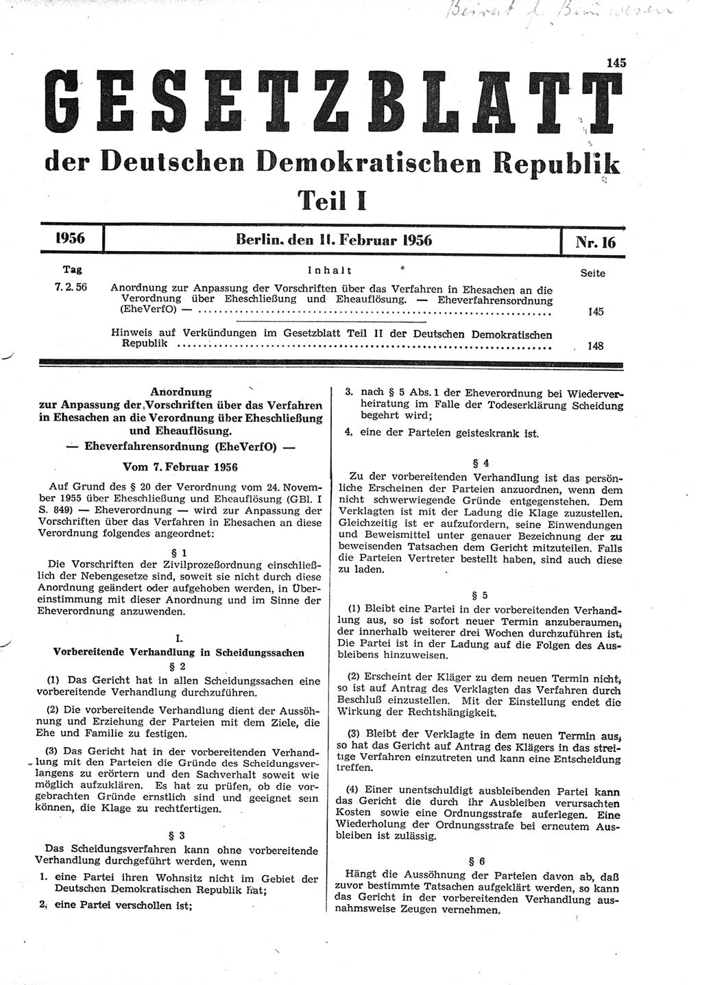 Gesetzblatt (GBl.) der Deutschen Demokratischen Republik (DDR) Teil Ⅰ 1956, Seite 145 (GBl. DDR Ⅰ 1956, S. 145)
