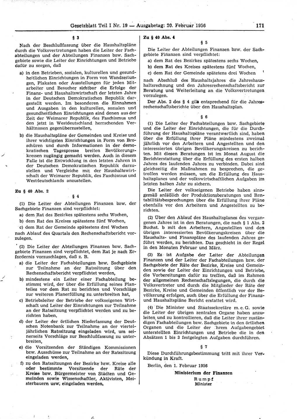 Gesetzblatt (GBl.) der Deutschen Demokratischen Republik (DDR) Teil Ⅰ 1956, Seite 171 (GBl. DDR Ⅰ 1956, S. 171)