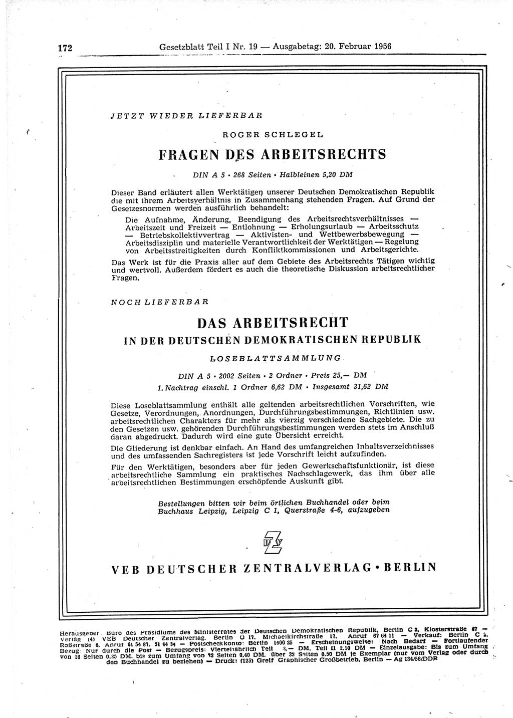 Gesetzblatt (GBl.) der Deutschen Demokratischen Republik (DDR) Teil Ⅰ 1956, Seite 172 (GBl. DDR Ⅰ 1956, S. 172)