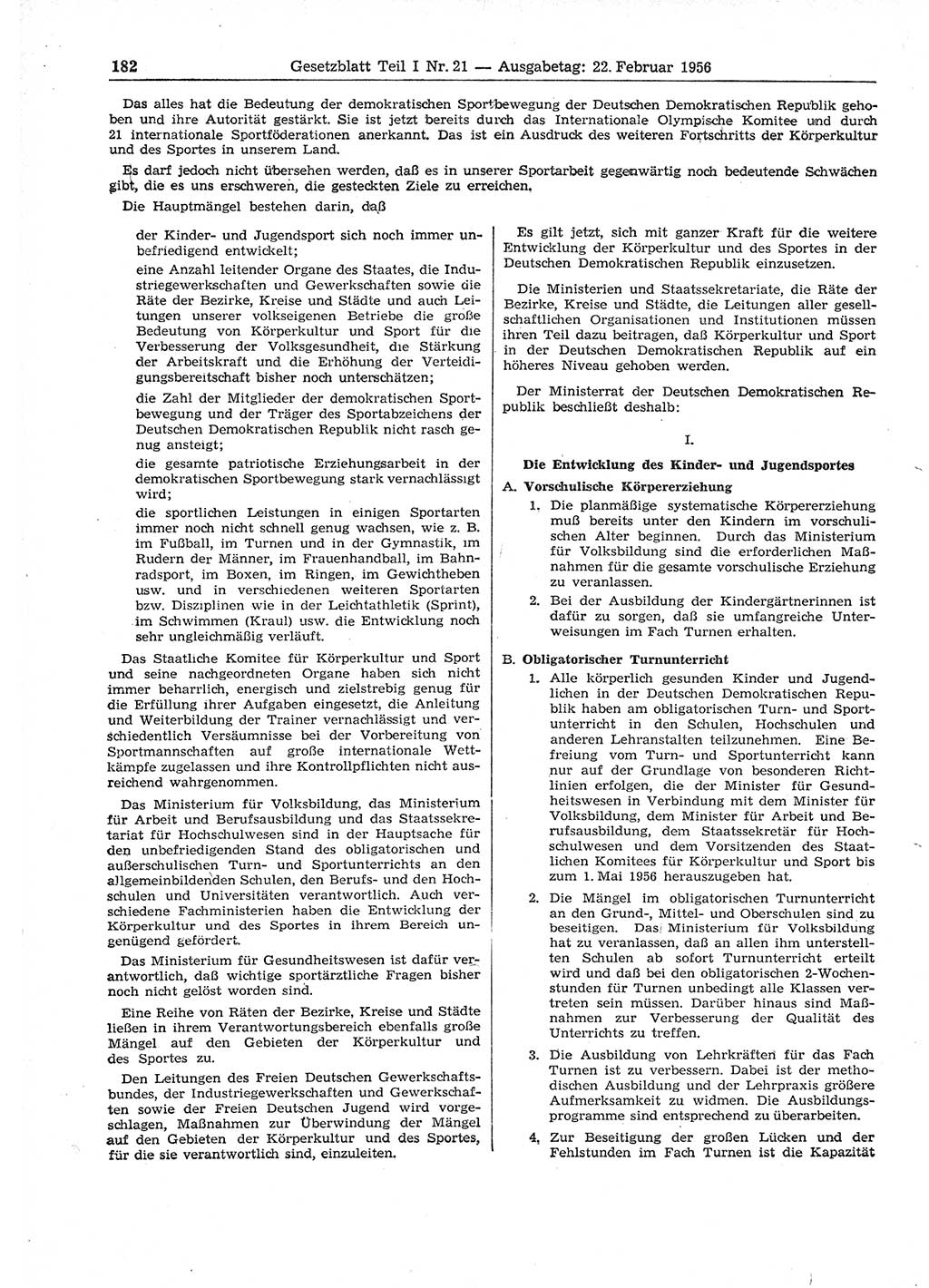 Gesetzblatt (GBl.) der Deutschen Demokratischen Republik (DDR) Teil Ⅰ 1956, Seite 182 (GBl. DDR Ⅰ 1956, S. 182)