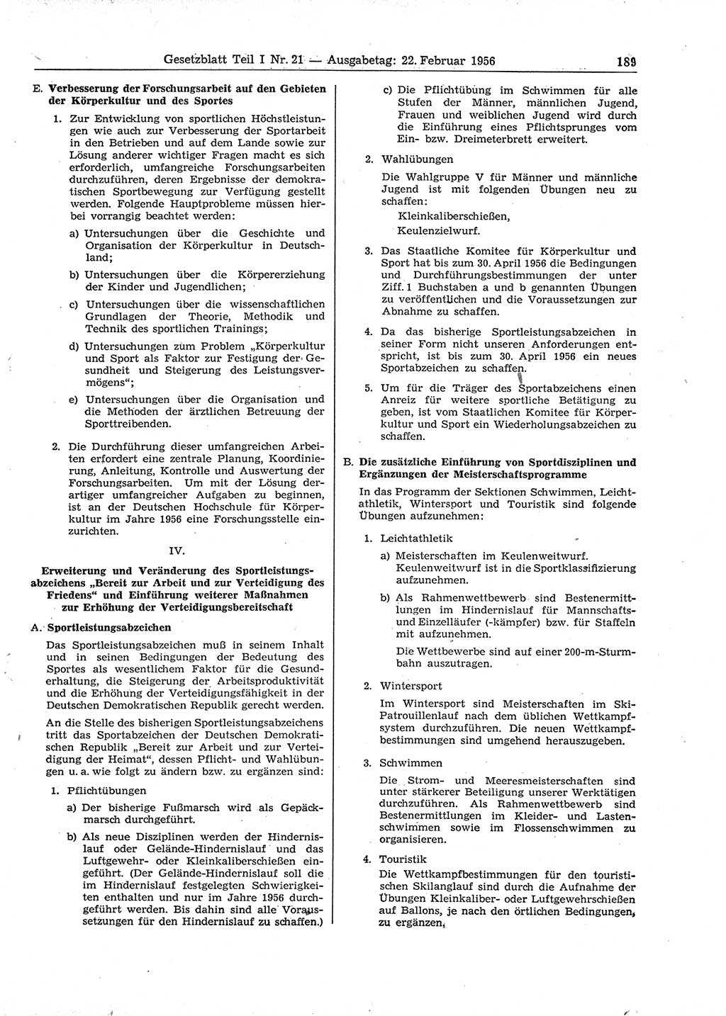 Gesetzblatt (GBl.) der Deutschen Demokratischen Republik (DDR) Teil Ⅰ 1956, Seite 189 (GBl. DDR Ⅰ 1956, S. 189)