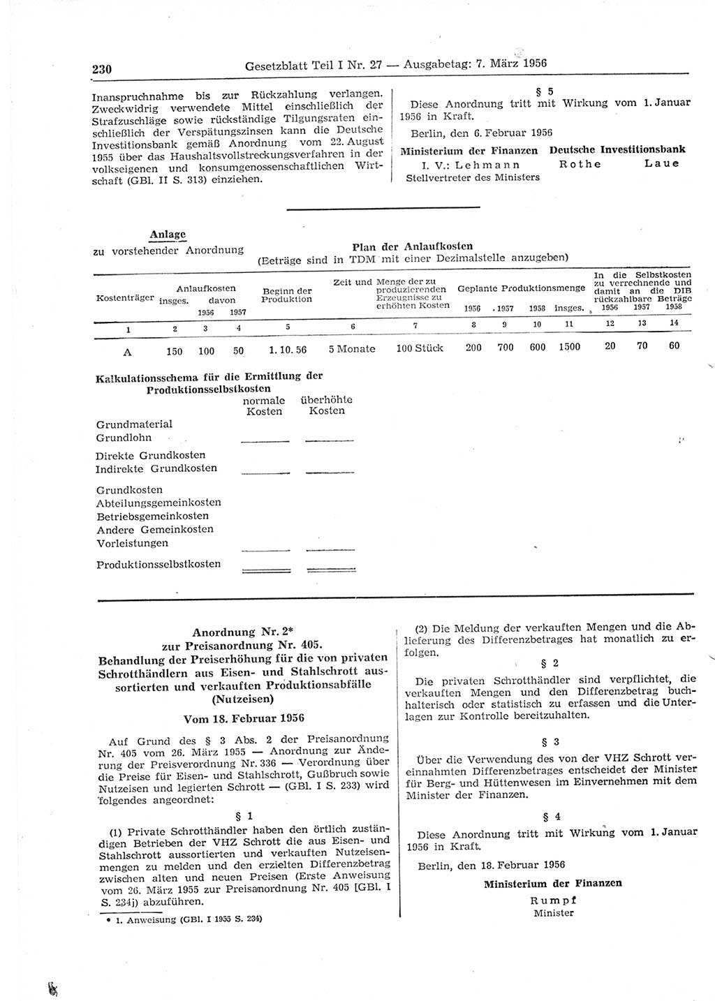 Gesetzblatt (GBl.) der Deutschen Demokratischen Republik (DDR) Teil Ⅰ 1956, Seite 230 (GBl. DDR Ⅰ 1956, S. 230)