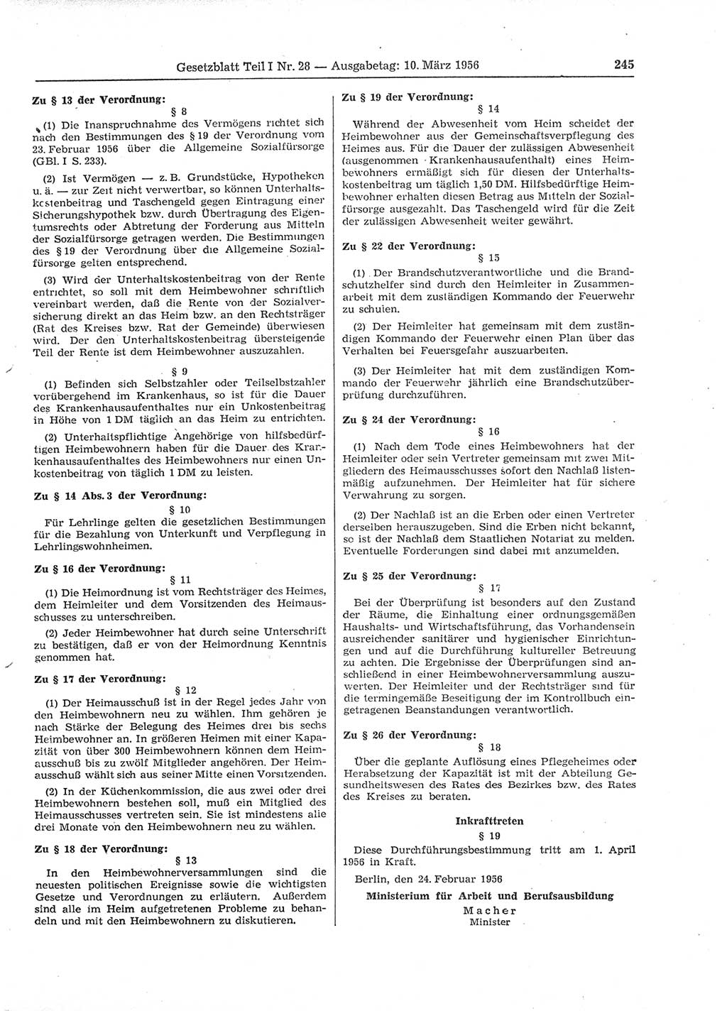 Gesetzblatt (GBl.) der Deutschen Demokratischen Republik (DDR) Teil Ⅰ 1956, Seite 245 (GBl. DDR Ⅰ 1956, S. 245)