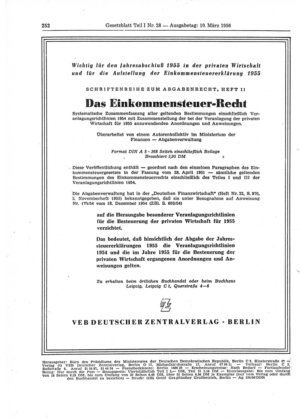 Gesetzblatt (GBl.) der Deutschen Demokratischen Republik (DDR) Teil Ⅰ 1956, Seite 252 (GBl. DDR Ⅰ 1956, S. 252)