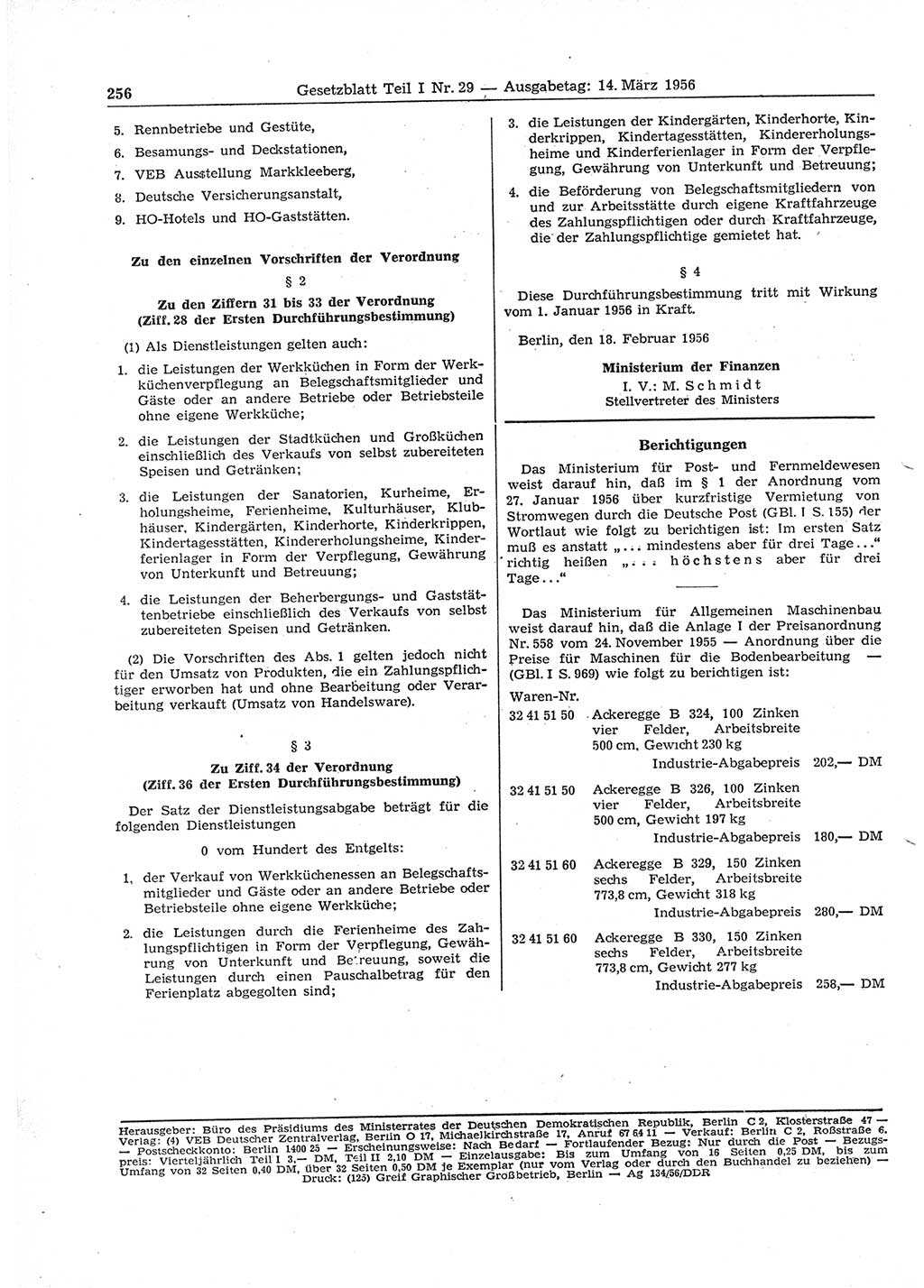 Gesetzblatt (GBl.) der Deutschen Demokratischen Republik (DDR) Teil Ⅰ 1956, Seite 256 (GBl. DDR Ⅰ 1956, S. 256)