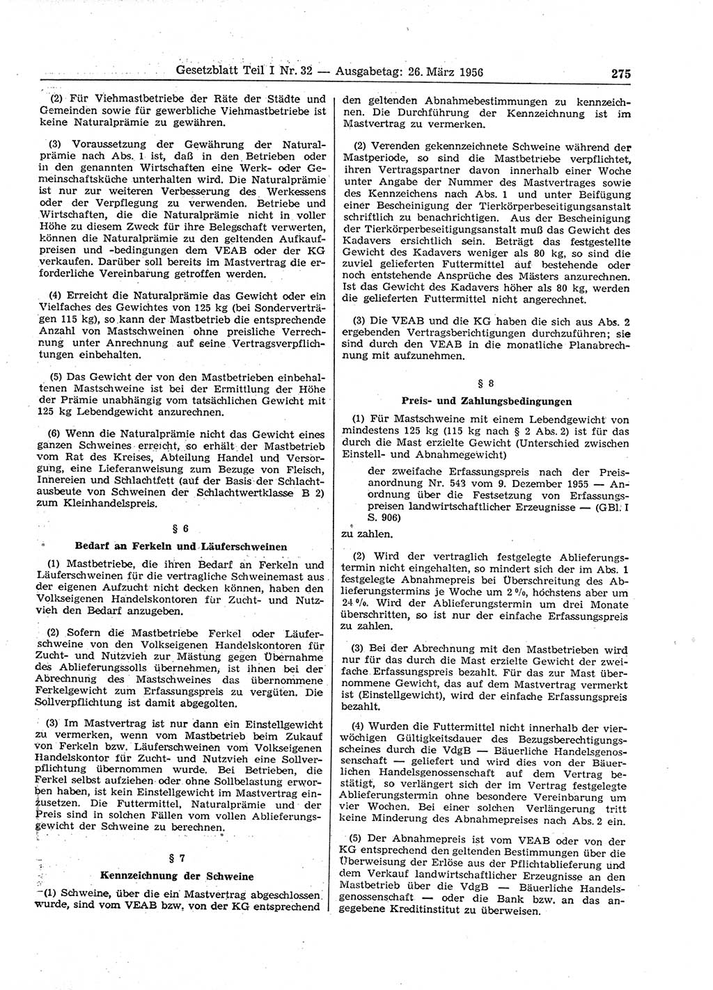 Gesetzblatt (GBl.) der Deutschen Demokratischen Republik (DDR) Teil Ⅰ 1956, Seite 275 (GBl. DDR Ⅰ 1956, S. 275)