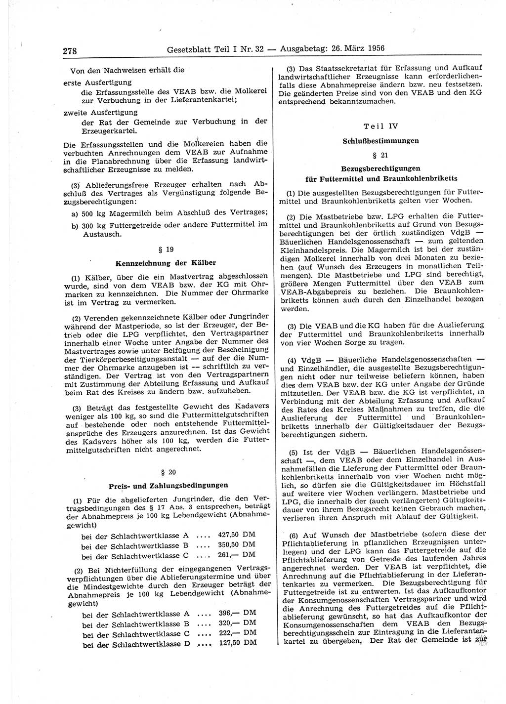 Gesetzblatt (GBl.) der Deutschen Demokratischen Republik (DDR) Teil Ⅰ 1956, Seite 278 (GBl. DDR Ⅰ 1956, S. 278)