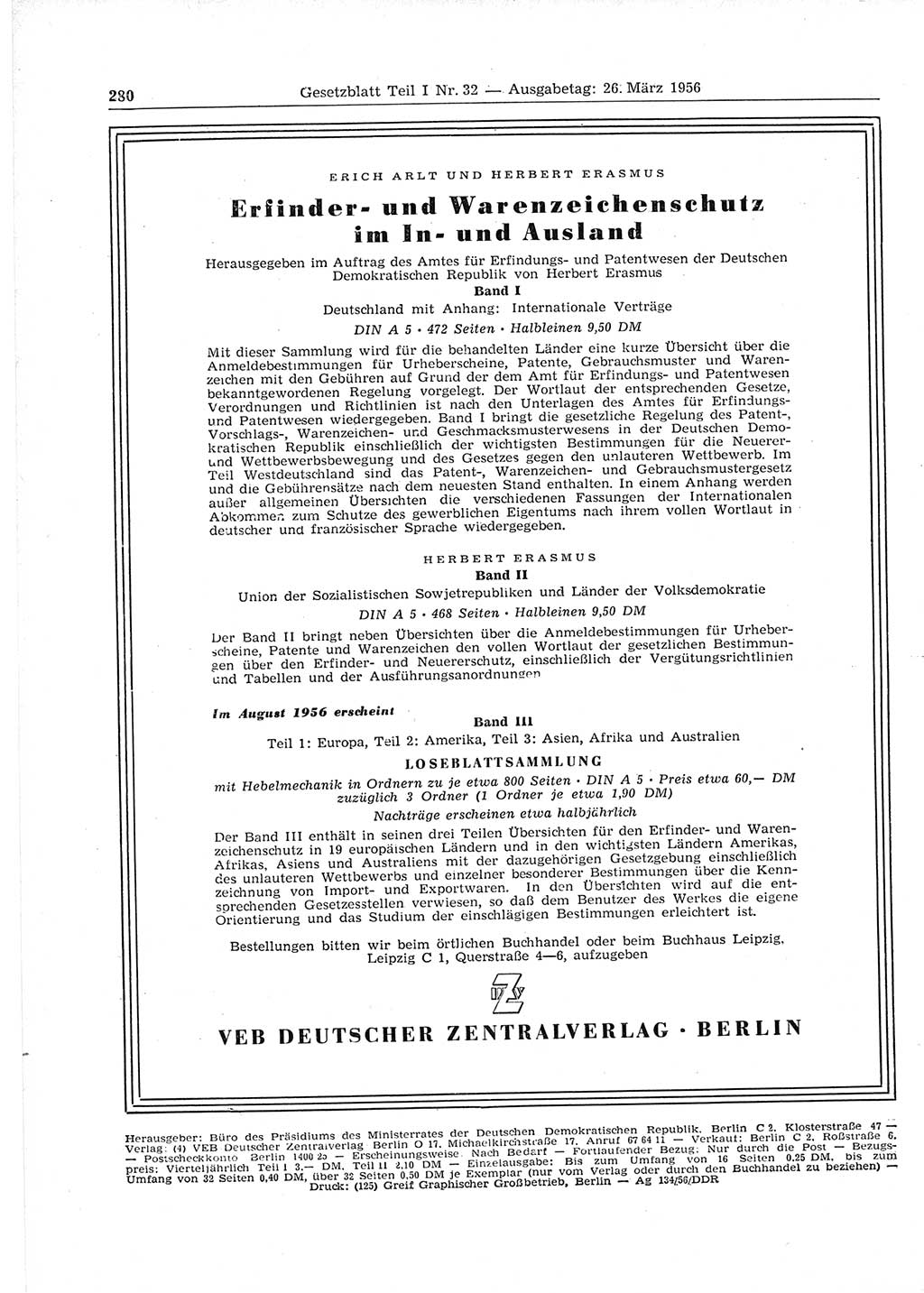 Gesetzblatt (GBl.) der Deutschen Demokratischen Republik (DDR) Teil Ⅰ 1956, Seite 280 (GBl. DDR Ⅰ 1956, S. 280)