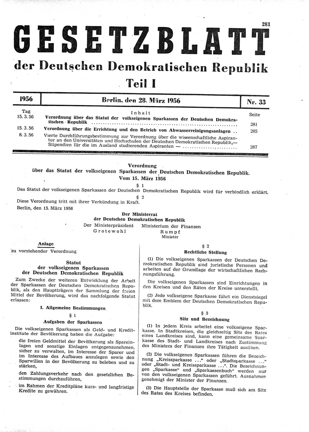 Gesetzblatt (GBl.) der Deutschen Demokratischen Republik (DDR) Teil Ⅰ 1956, Seite 281 (GBl. DDR Ⅰ 1956, S. 281)