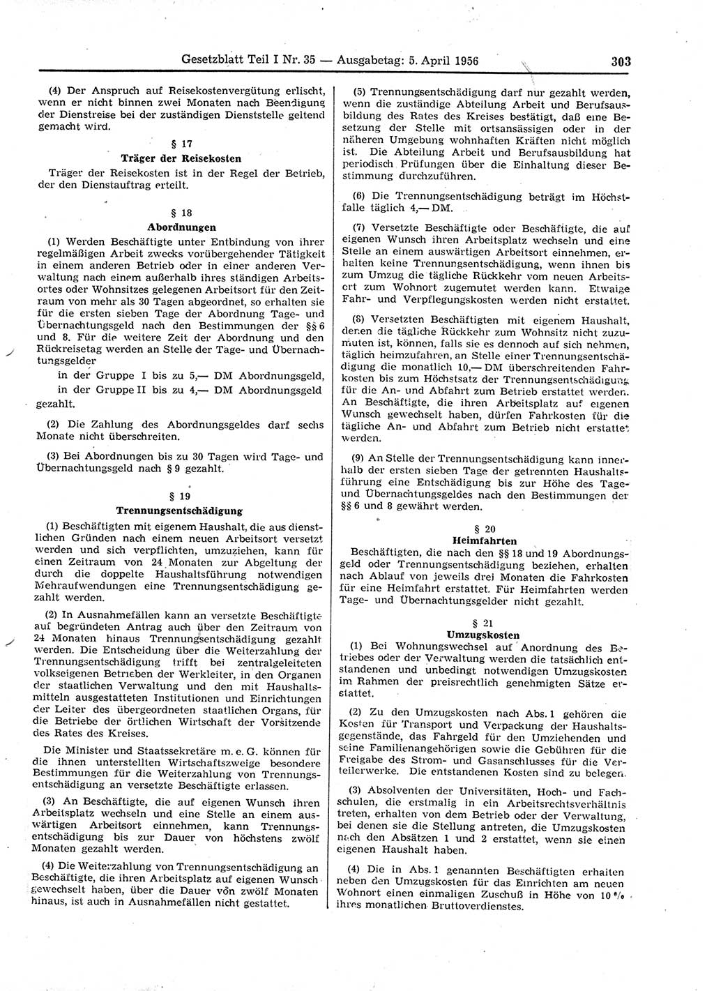 Gesetzblatt (GBl.) der Deutschen Demokratischen Republik (DDR) Teil Ⅰ 1956, Seite 303 (GBl. DDR Ⅰ 1956, S. 303)