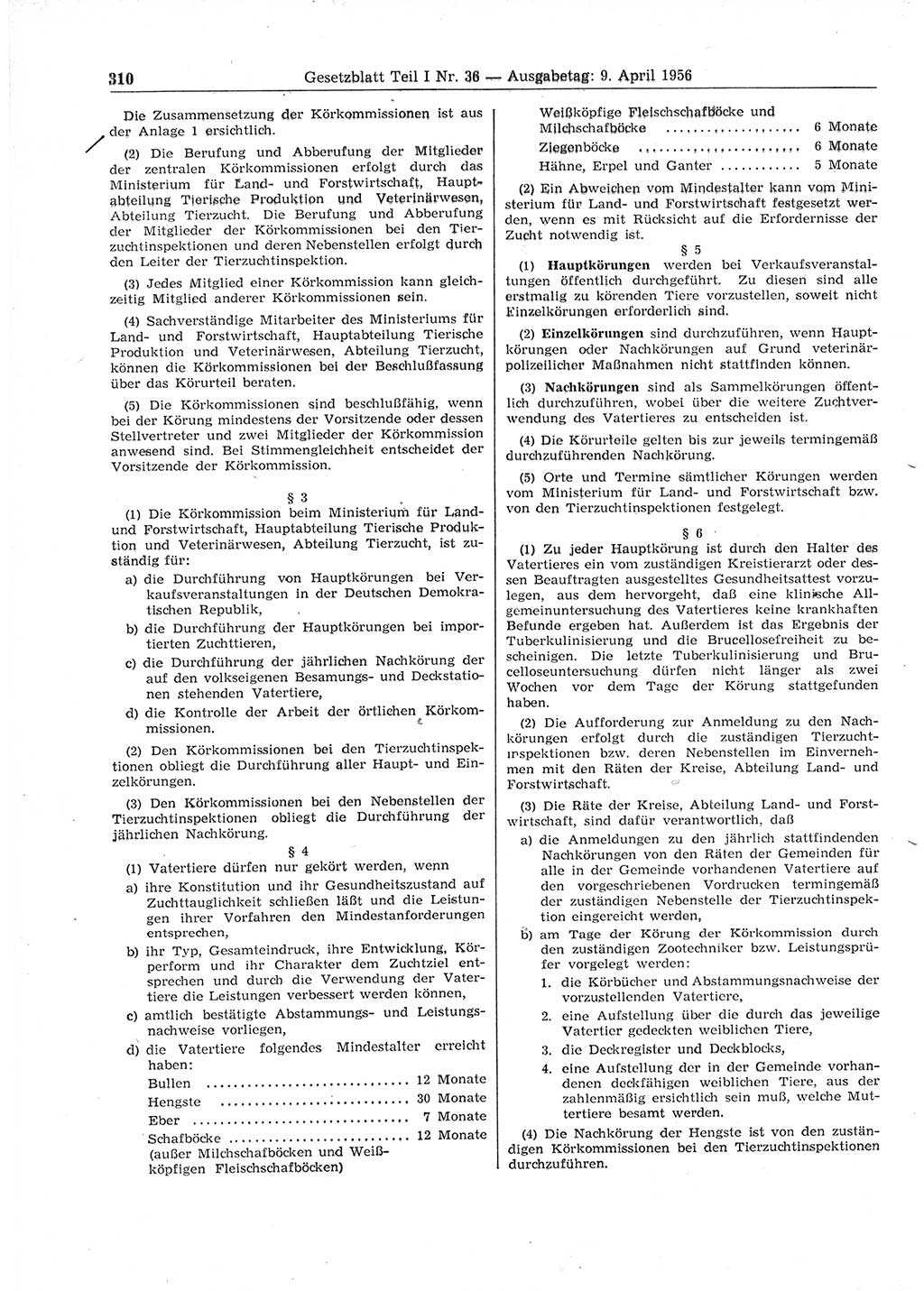 Gesetzblatt (GBl.) der Deutschen Demokratischen Republik (DDR) Teil Ⅰ 1956, Seite 310 (GBl. DDR Ⅰ 1956, S. 310)