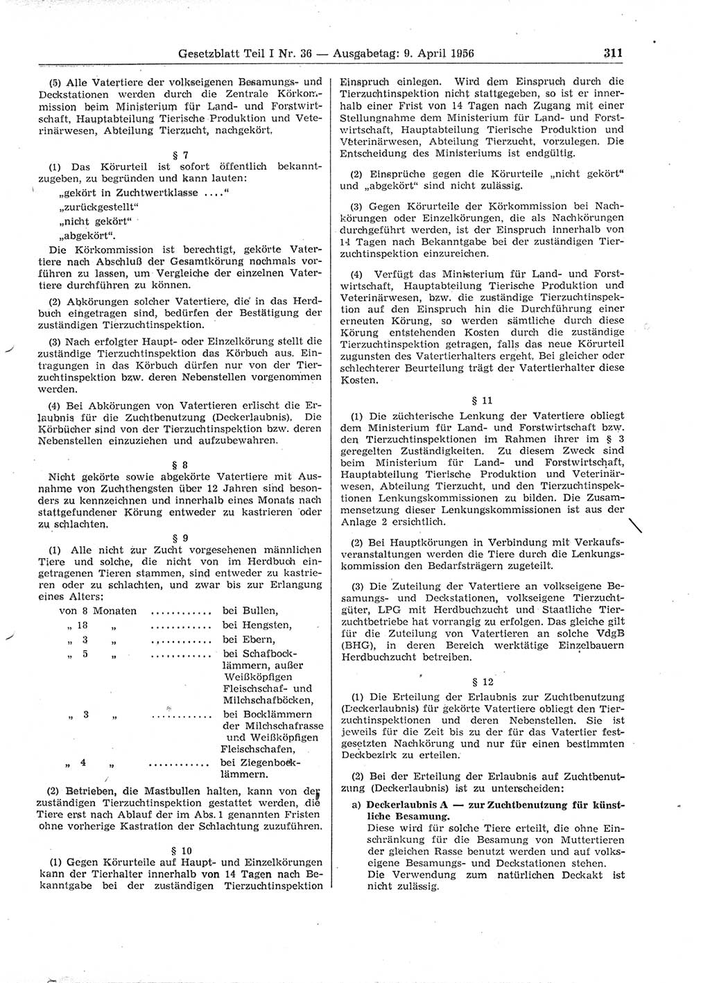 Gesetzblatt (GBl.) der Deutschen Demokratischen Republik (DDR) Teil Ⅰ 1956, Seite 311 (GBl. DDR Ⅰ 1956, S. 311)