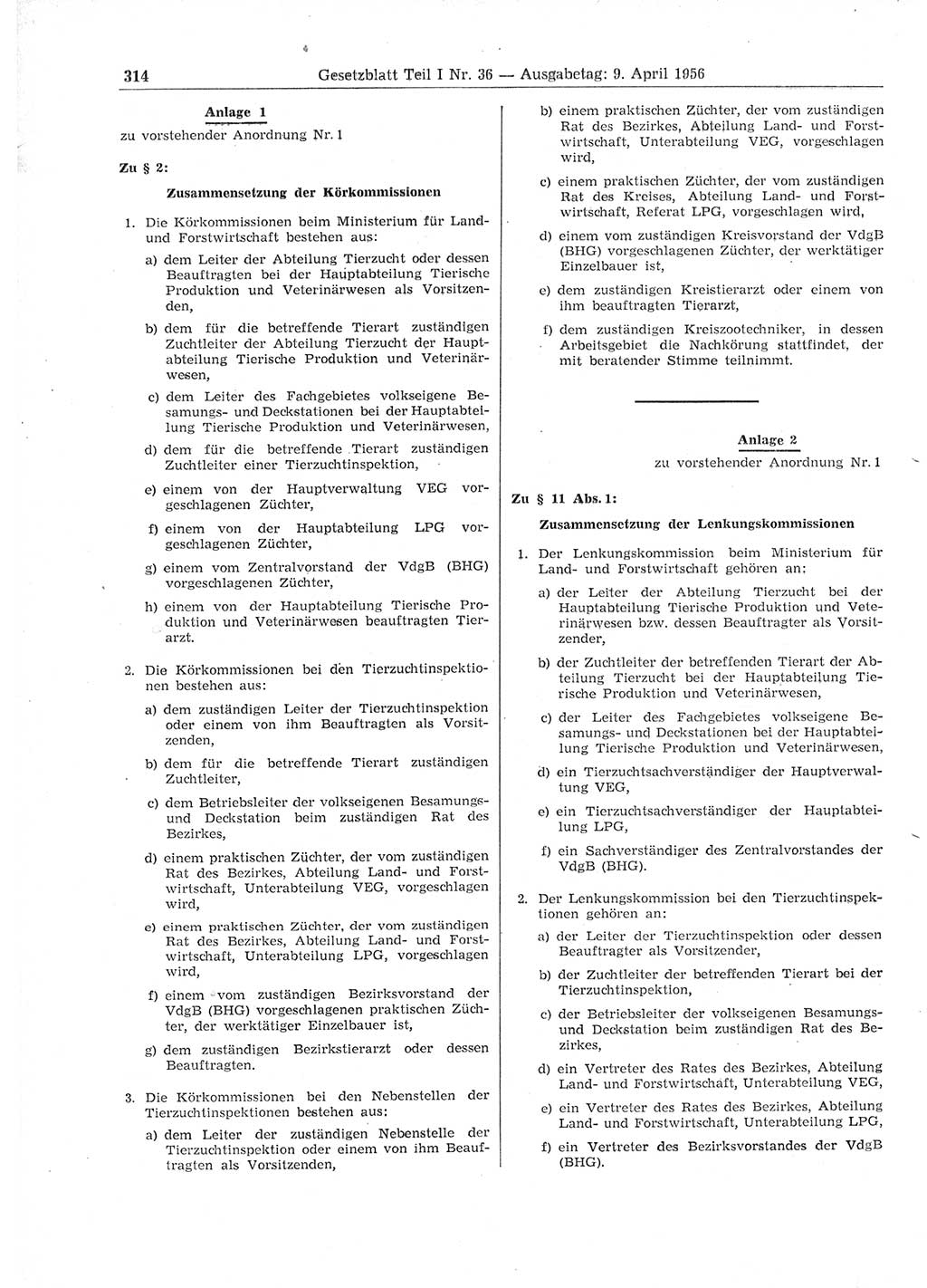 Gesetzblatt (GBl.) der Deutschen Demokratischen Republik (DDR) Teil Ⅰ 1956, Seite 314 (GBl. DDR Ⅰ 1956, S. 314)