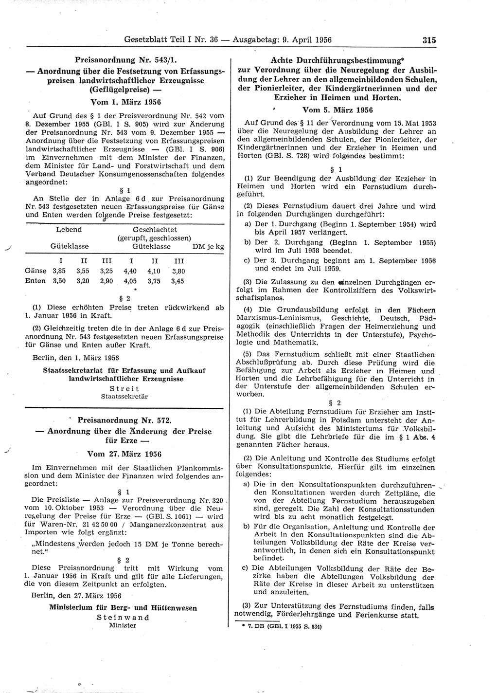 Gesetzblatt (GBl.) der Deutschen Demokratischen Republik (DDR) Teil Ⅰ 1956, Seite 315 (GBl. DDR Ⅰ 1956, S. 315)