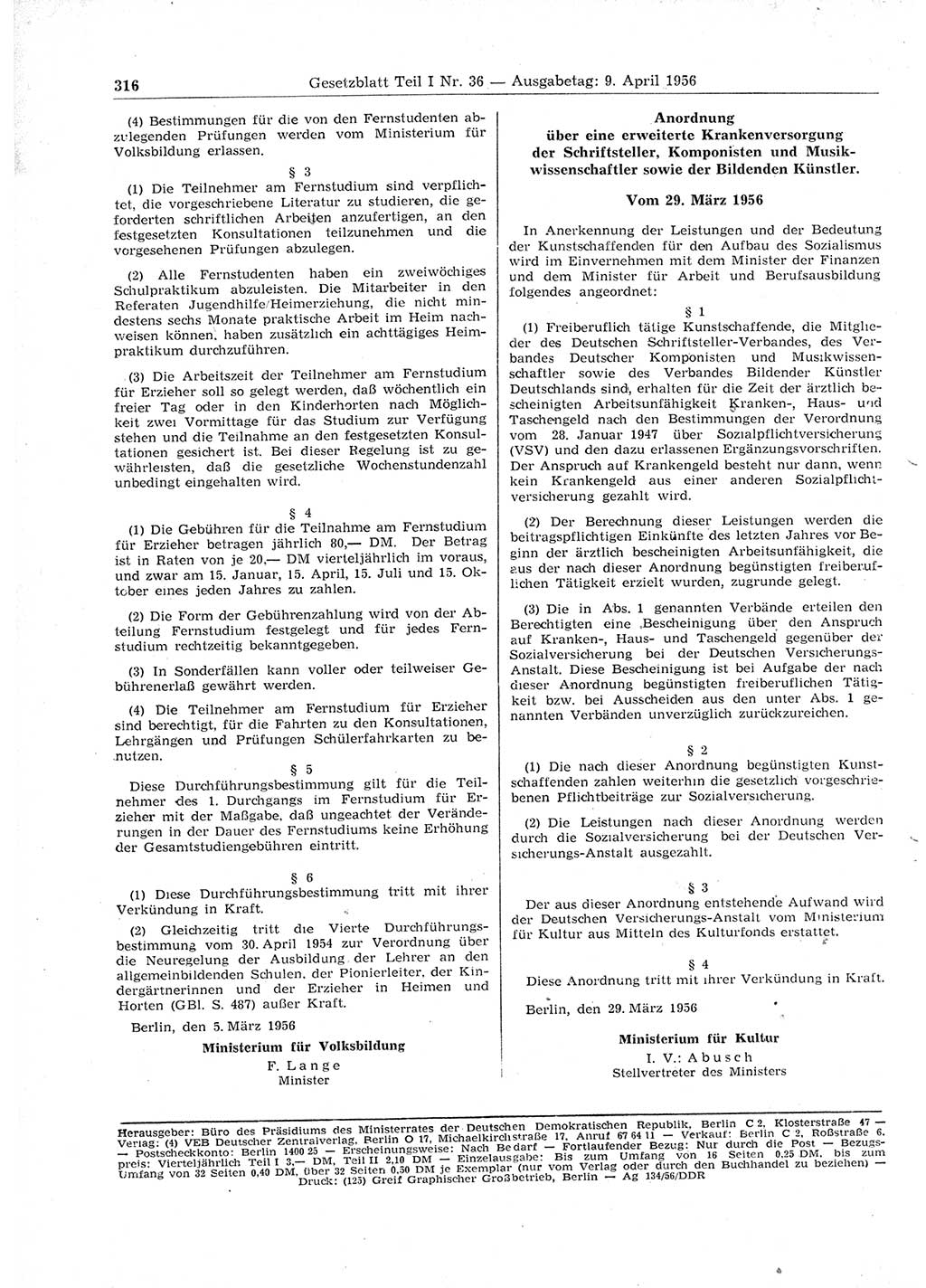 Gesetzblatt (GBl.) der Deutschen Demokratischen Republik (DDR) Teil Ⅰ 1956, Seite 316 (GBl. DDR Ⅰ 1956, S. 316)