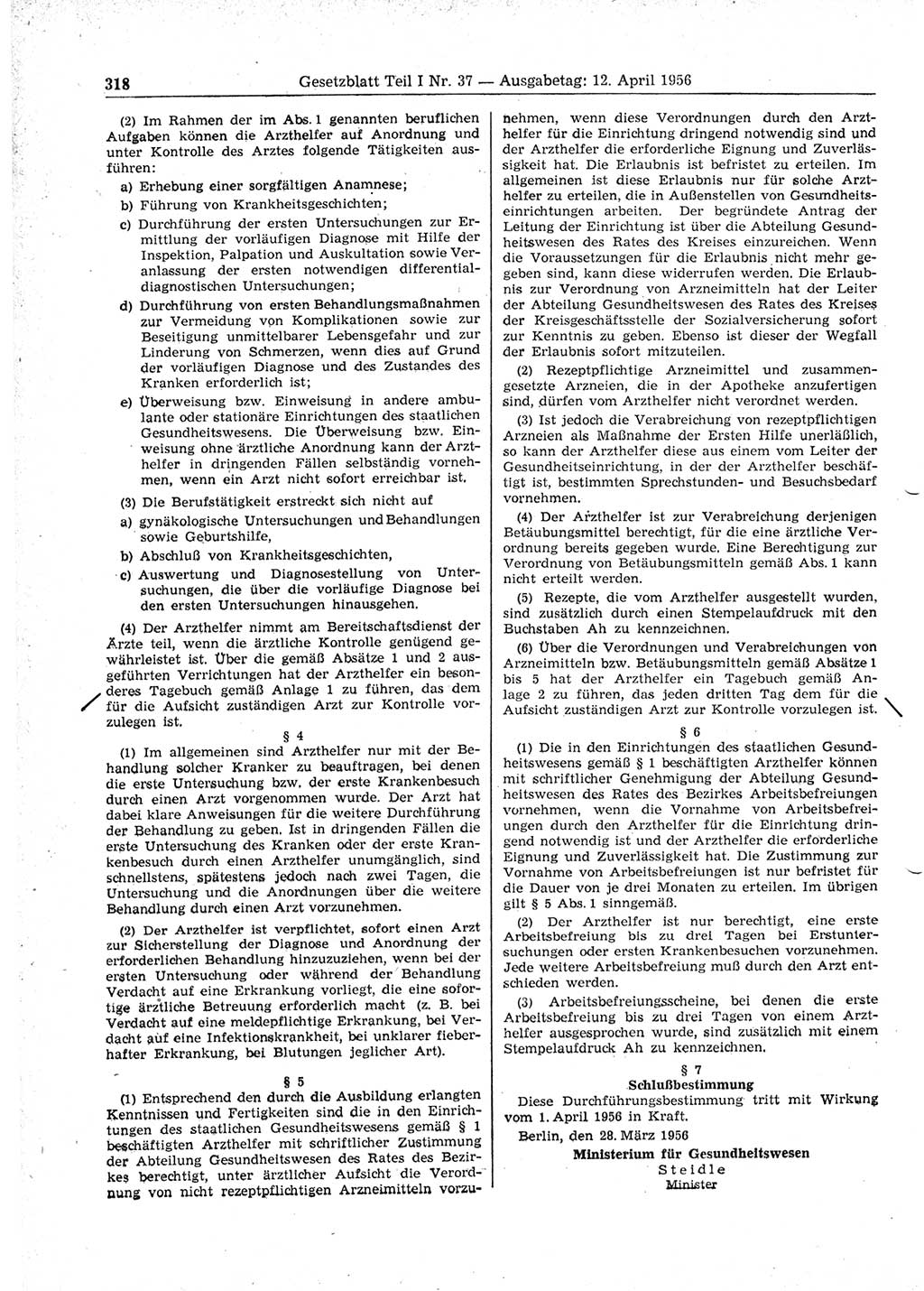 Gesetzblatt (GBl.) der Deutschen Demokratischen Republik (DDR) Teil Ⅰ 1956, Seite 318 (GBl. DDR Ⅰ 1956, S. 318)