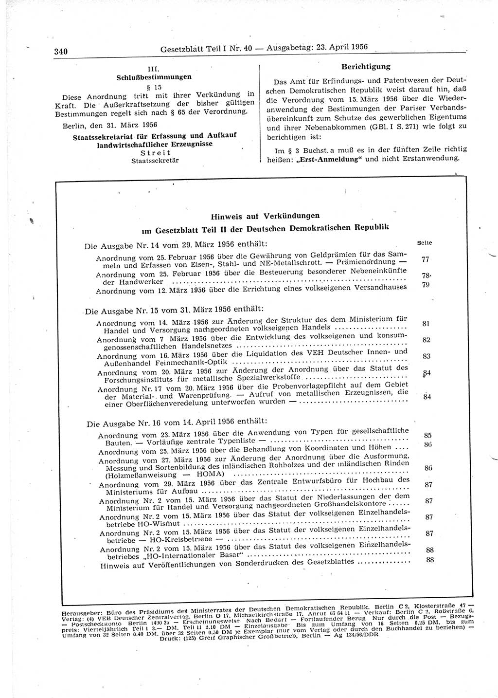Gesetzblatt (GBl.) der Deutschen Demokratischen Republik (DDR) Teil Ⅰ 1956, Seite 340 (GBl. DDR Ⅰ 1956, S. 340)