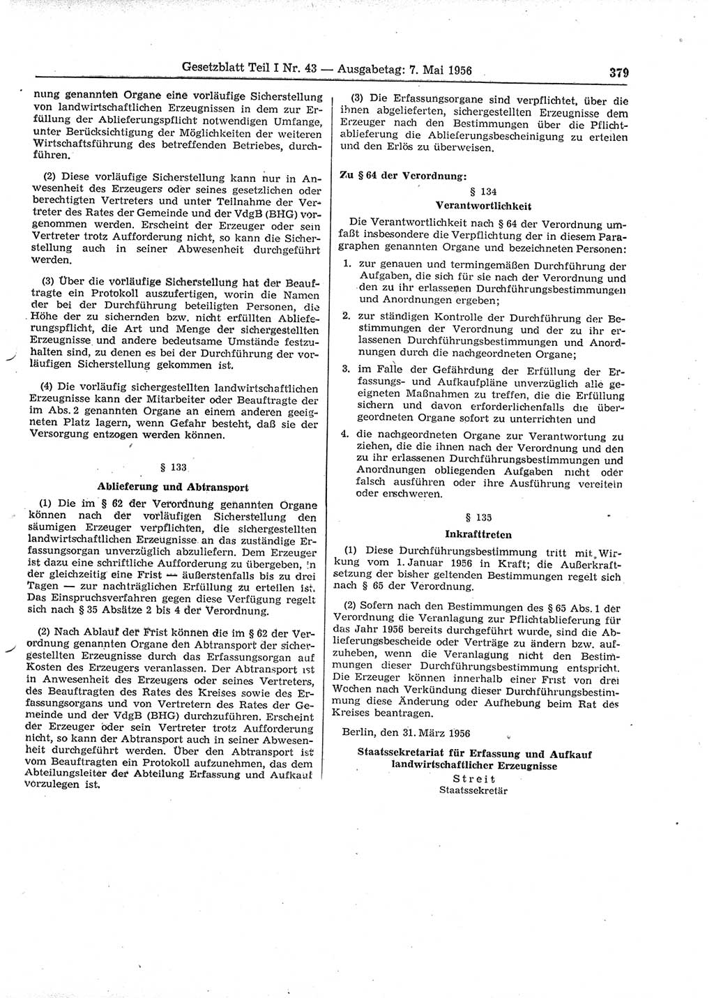 Gesetzblatt (GBl.) der Deutschen Demokratischen Republik (DDR) Teil Ⅰ 1956, Seite 379 (GBl. DDR Ⅰ 1956, S. 379)