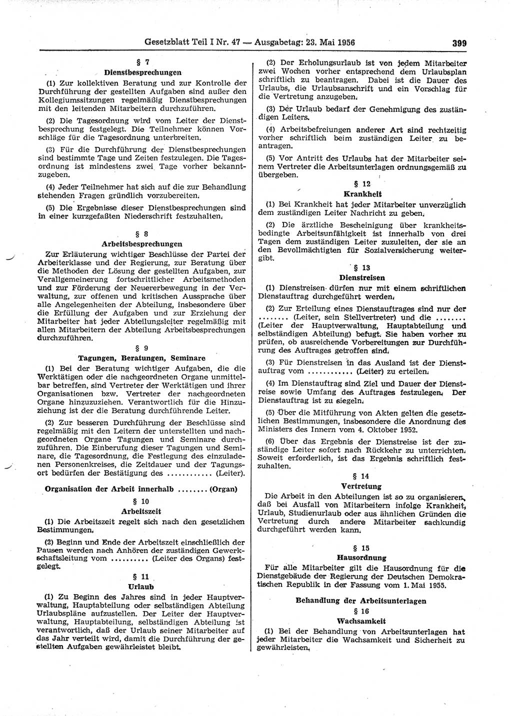 Gesetzblatt (GBl.) der Deutschen Demokratischen Republik (DDR) Teil Ⅰ 1956, Seite 399 (GBl. DDR Ⅰ 1956, S. 399)