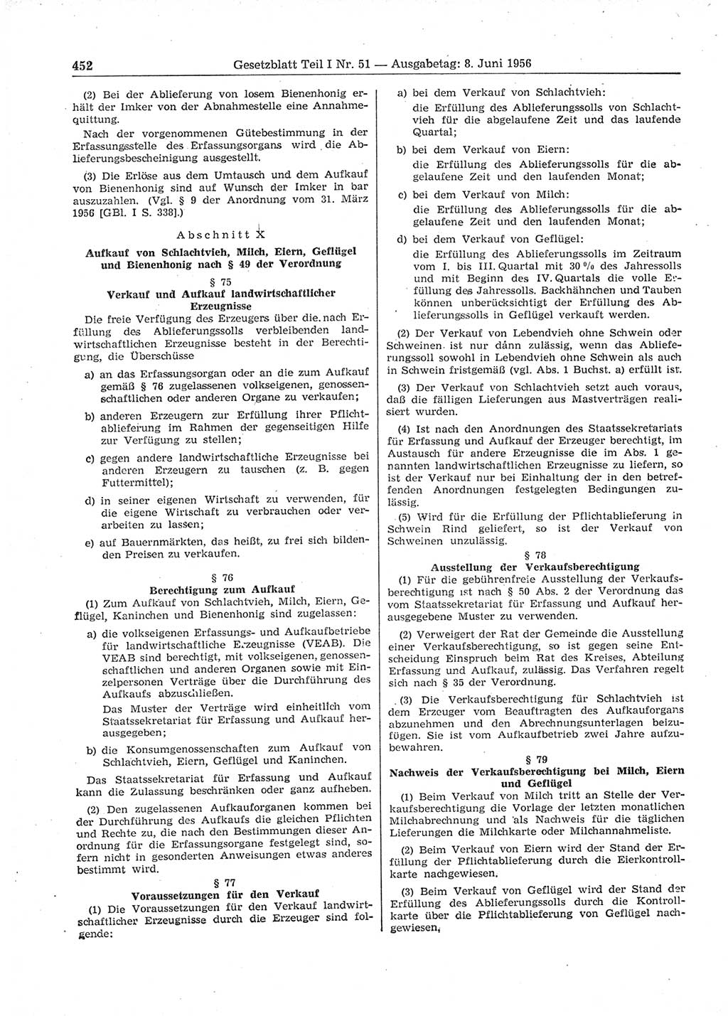 Gesetzblatt (GBl.) der Deutschen Demokratischen Republik (DDR) Teil Ⅰ 1956, Seite 452 (GBl. DDR Ⅰ 1956, S. 452)