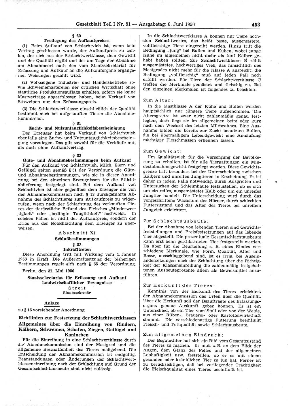 Gesetzblatt (GBl.) der Deutschen Demokratischen Republik (DDR) Teil Ⅰ 1956, Seite 453 (GBl. DDR Ⅰ 1956, S. 453)