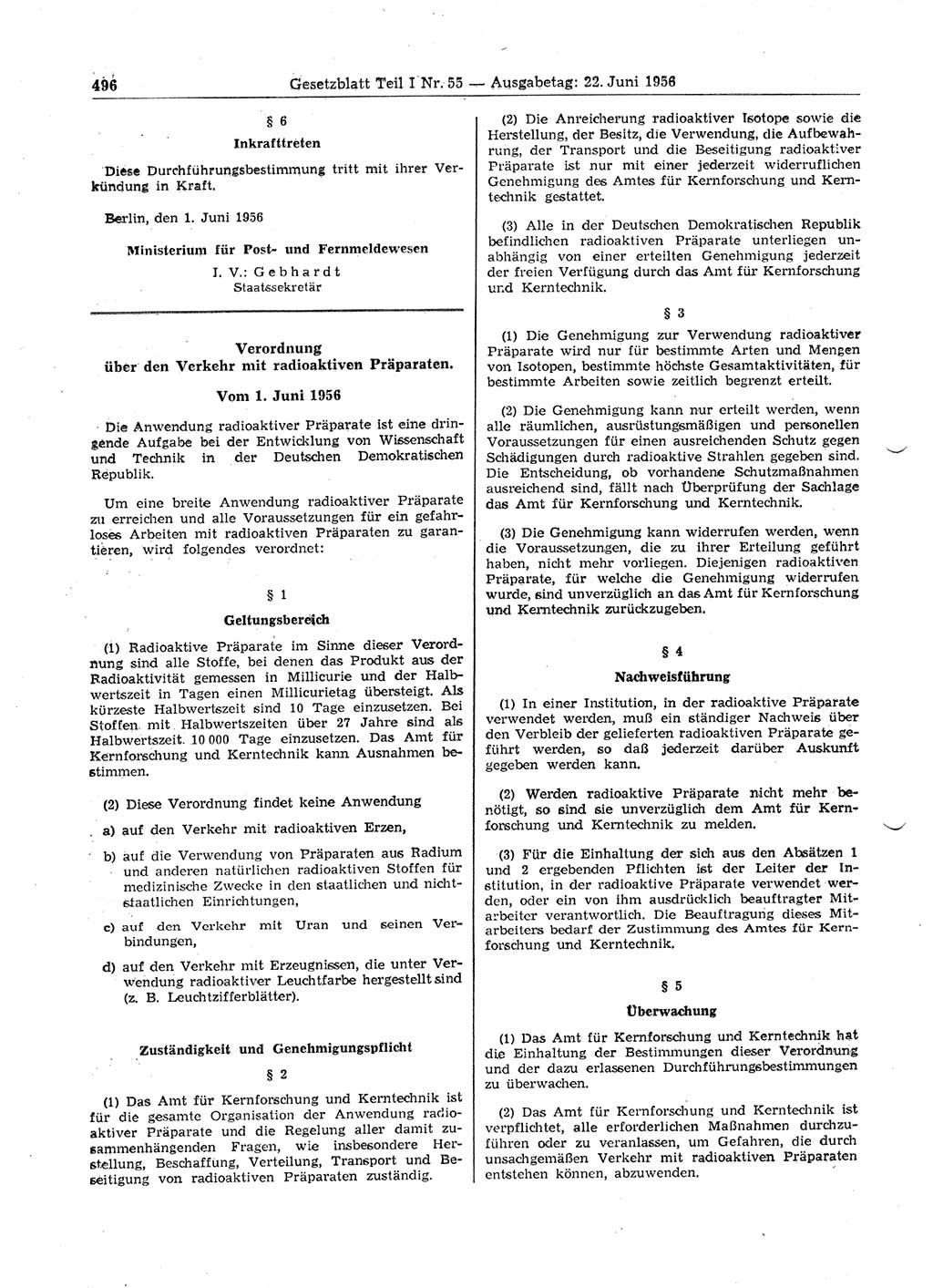 Gesetzblatt (GBl.) der Deutschen Demokratischen Republik (DDR) Teil Ⅰ 1956, Seite 496 (GBl. DDR Ⅰ 1956, S. 496)