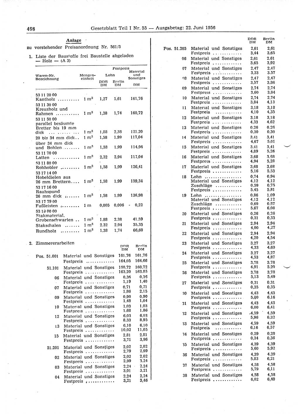 Gesetzblatt (GBl.) der Deutschen Demokratischen Republik (DDR) Teil Ⅰ 1956, Seite 498 (GBl. DDR Ⅰ 1956, S. 498)