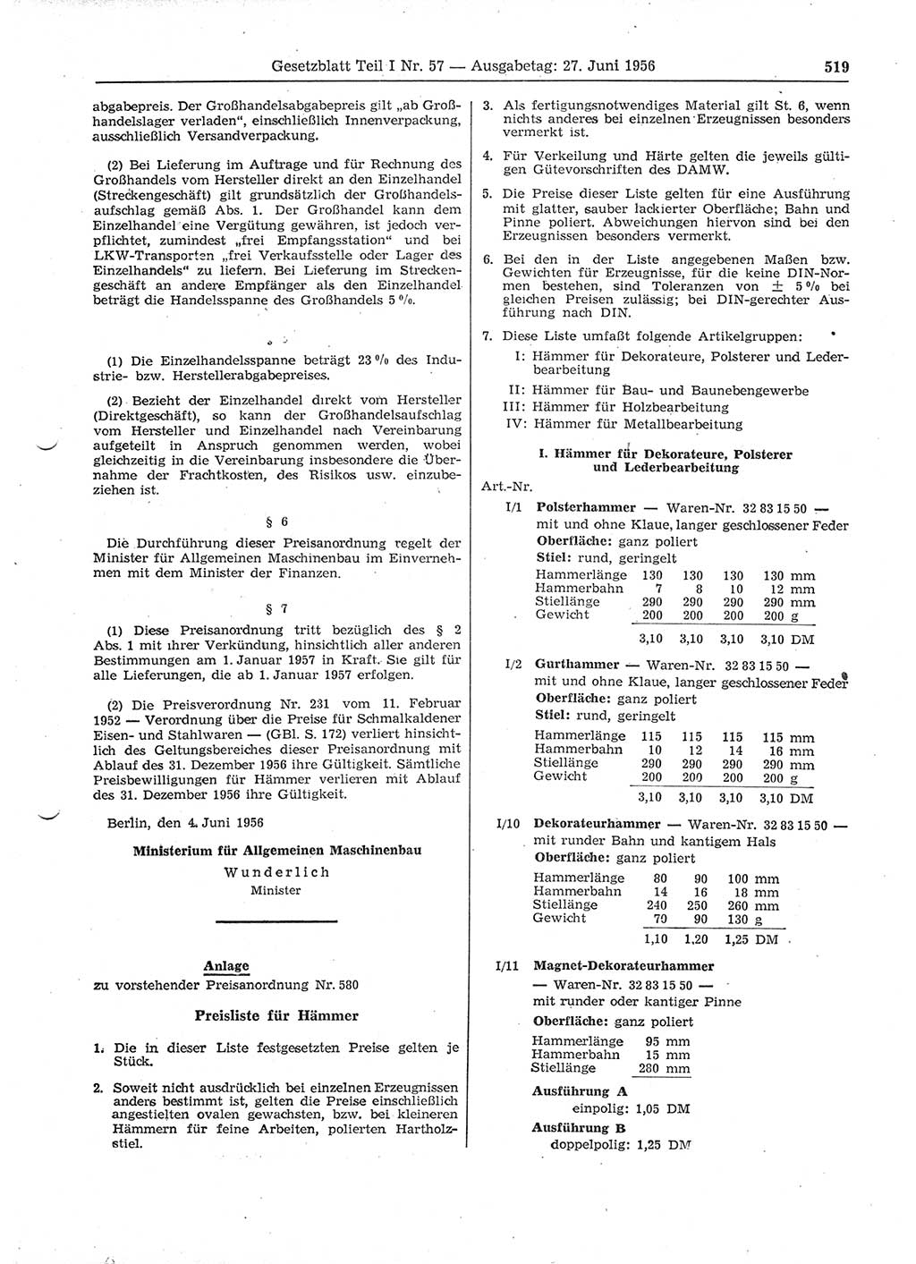 Gesetzblatt (GBl.) der Deutschen Demokratischen Republik (DDR) Teil Ⅰ 1956, Seite 519 (GBl. DDR Ⅰ 1956, S. 519)