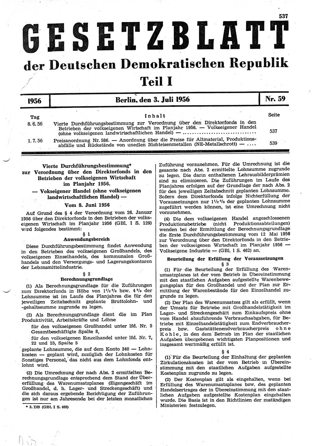 Gesetzblatt (GBl.) der Deutschen Demokratischen Republik (DDR) Teil Ⅰ 1956, Seite 537 (GBl. DDR Ⅰ 1956, S. 537)